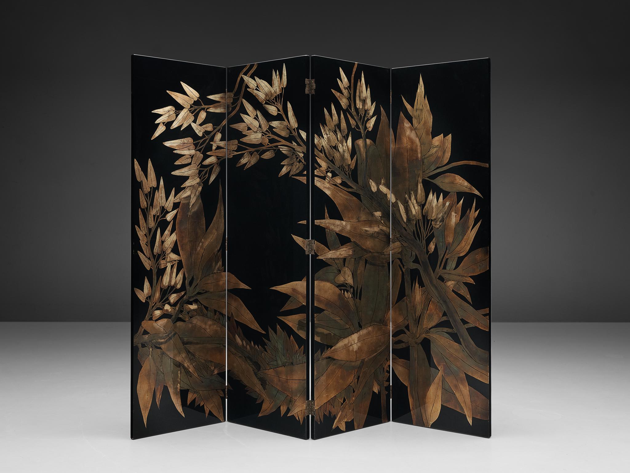 Room divider, 'laque d'argent no. 1060', lacquered wood, etched copper, France, 1970s

This French room divider shows many sources of inspiration: the ever impressing French Art Deco period of the 1920 and 1930s, but also more historic and