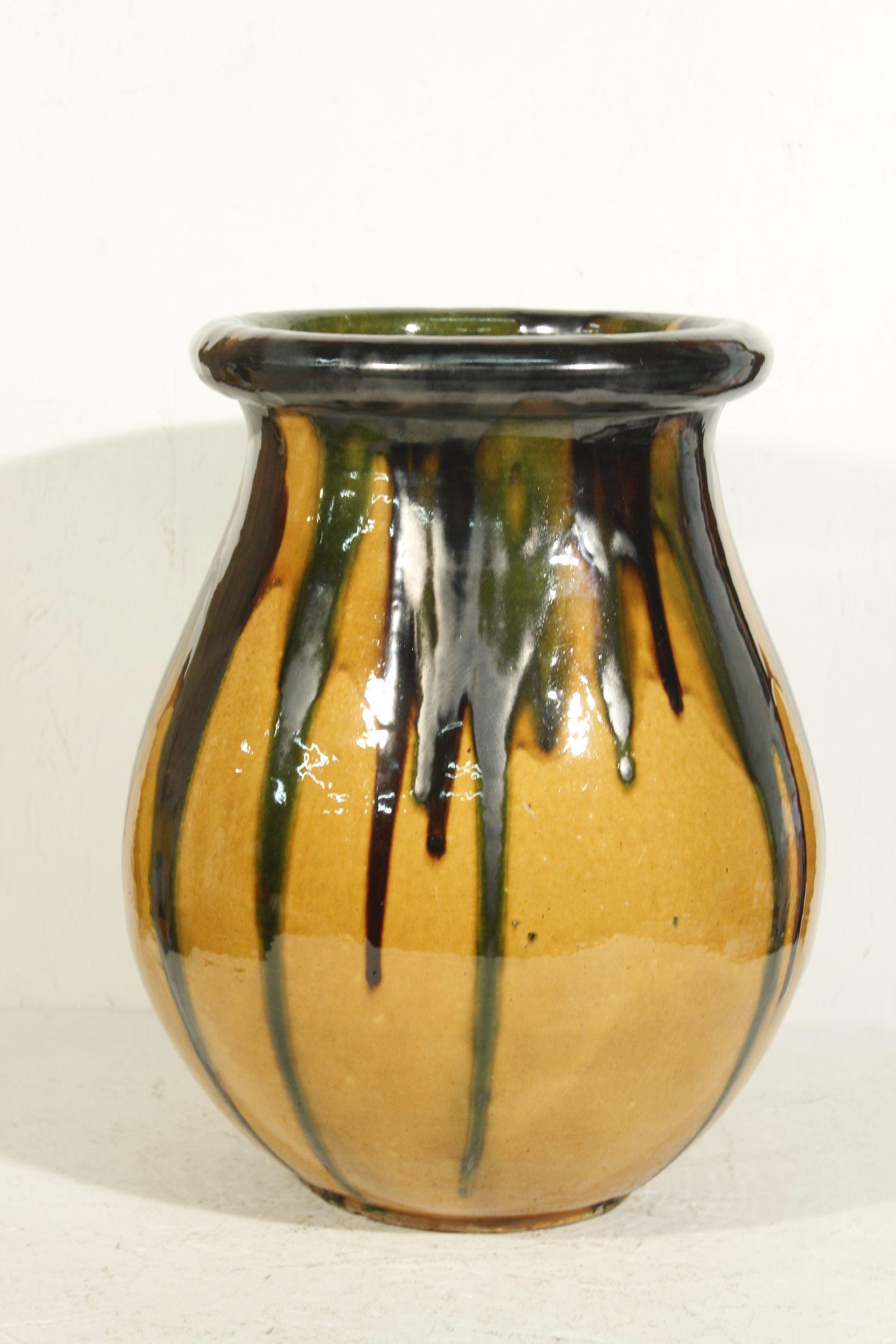 French Provincial French rope mounted ceramic jar in yellow & green glaze by Biot circa 1950 For Sale