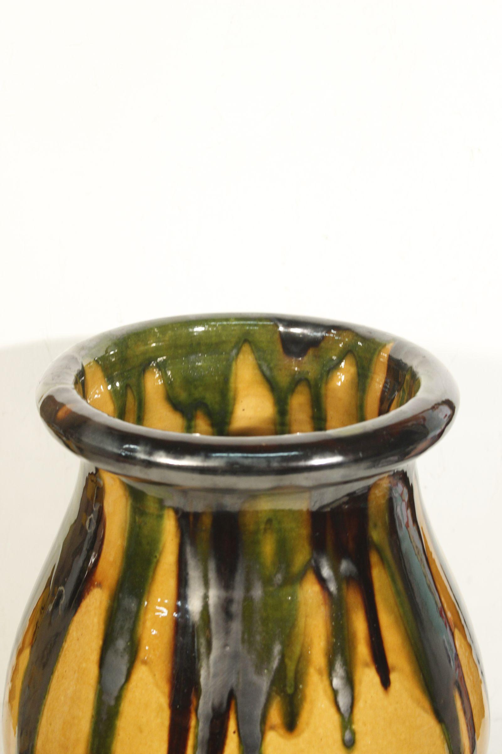 Glazed French rope mounted ceramic jar in yellow & green glaze by Biot circa 1950 For Sale
