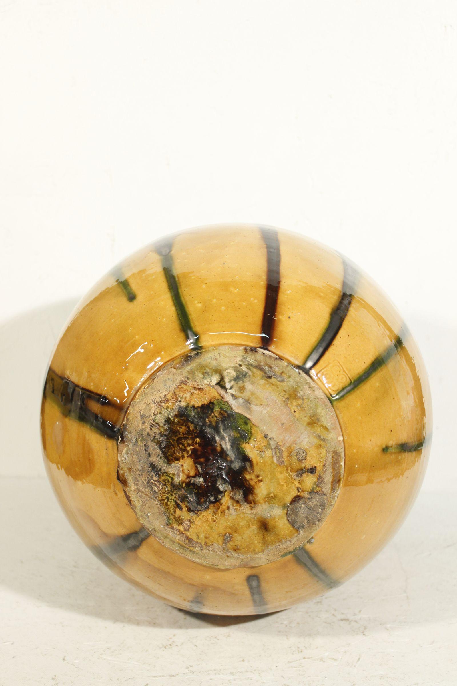 Ceramic French rope mounted ceramic jar in yellow & green glaze by Biot circa 1950