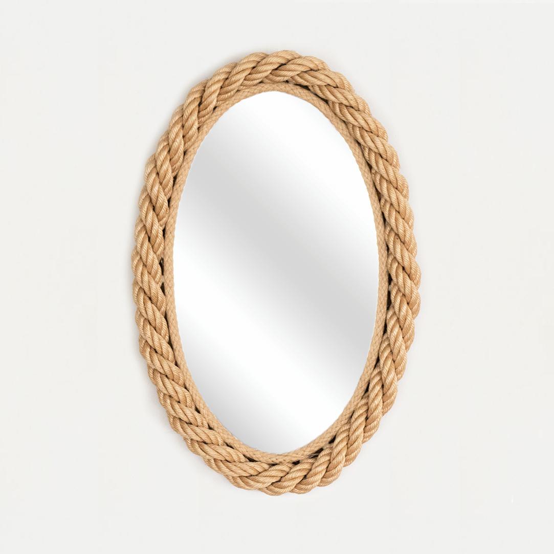 Oval wall mirror with light twisted rope frame. By Adrien Audoux and Frida Minet from France, 1940's.