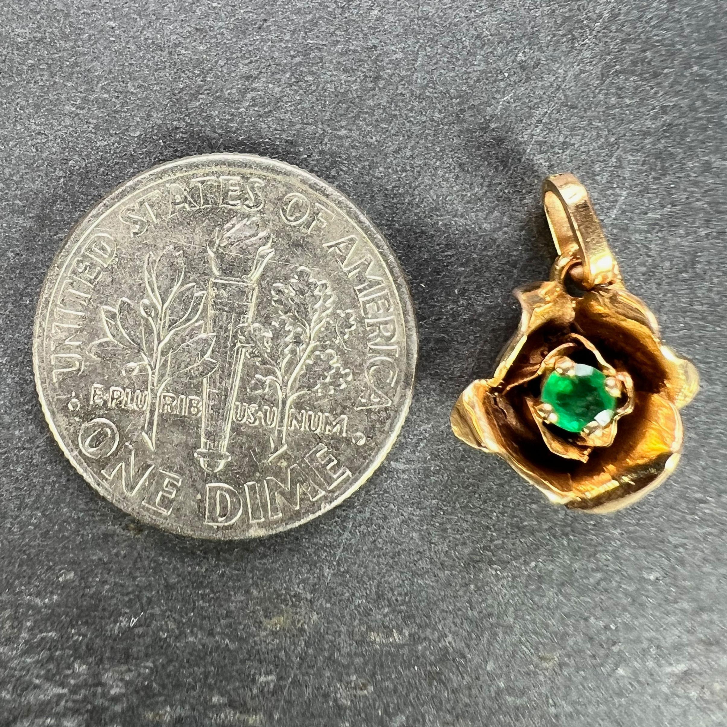 French Rose 18K Yellow Gold Emerald Charm Pendant For Sale 5