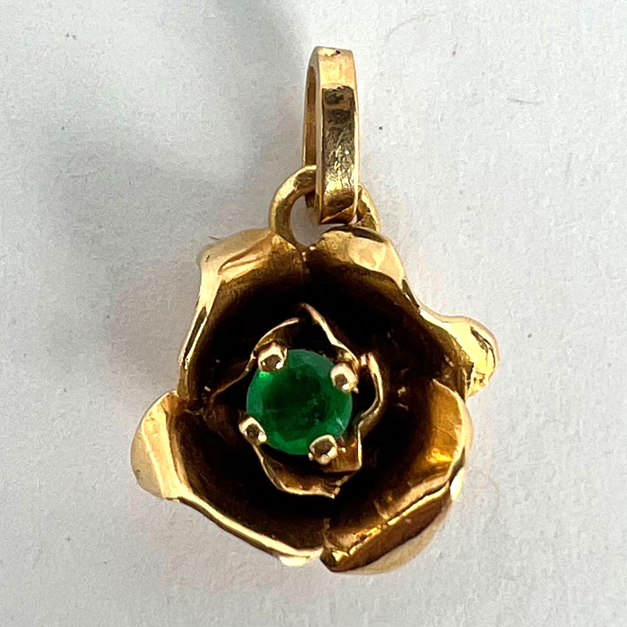 French Rose 18K Yellow Gold Emerald Charm Pendant For Sale 6