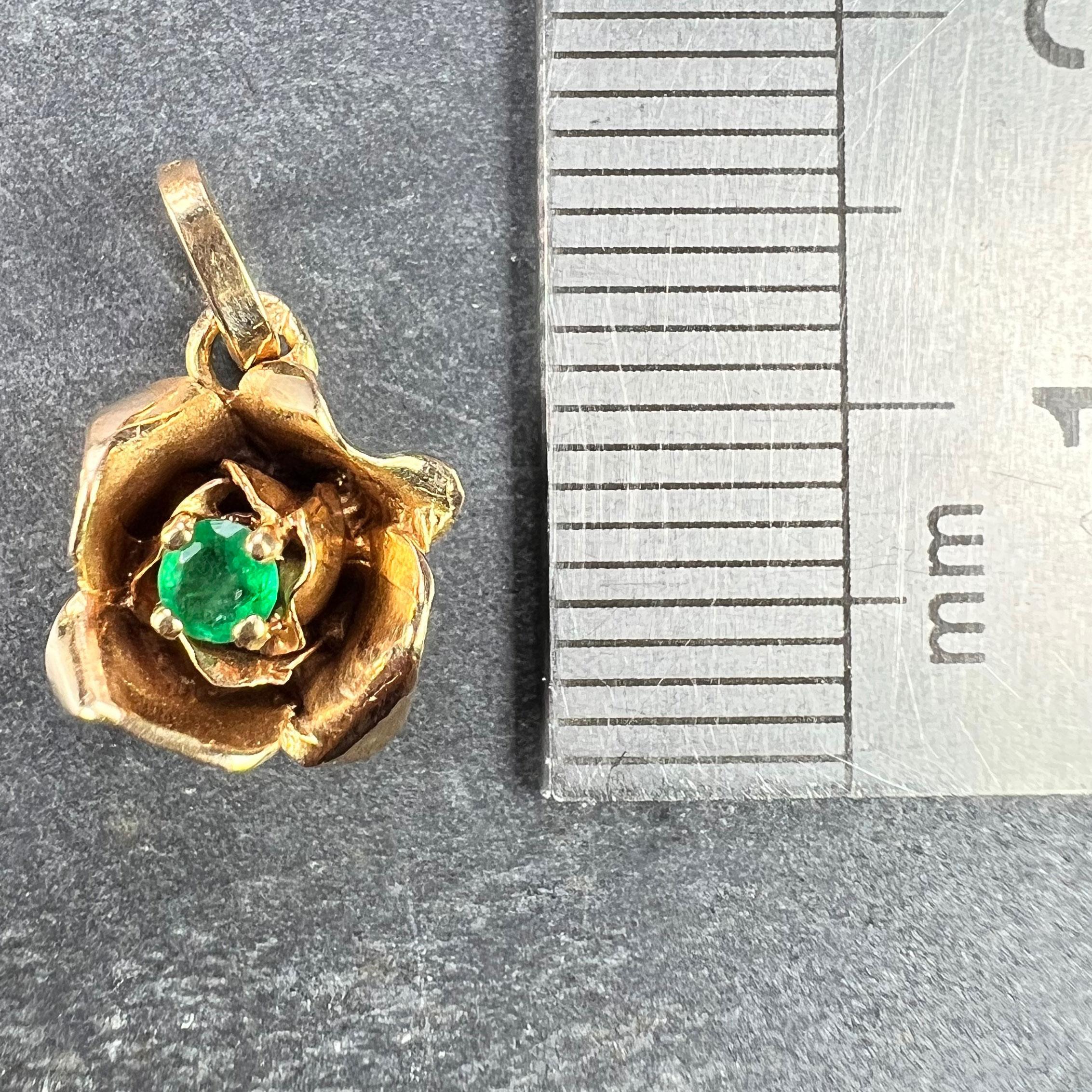 French Rose 18K Yellow Gold Emerald Charm Pendant For Sale 4