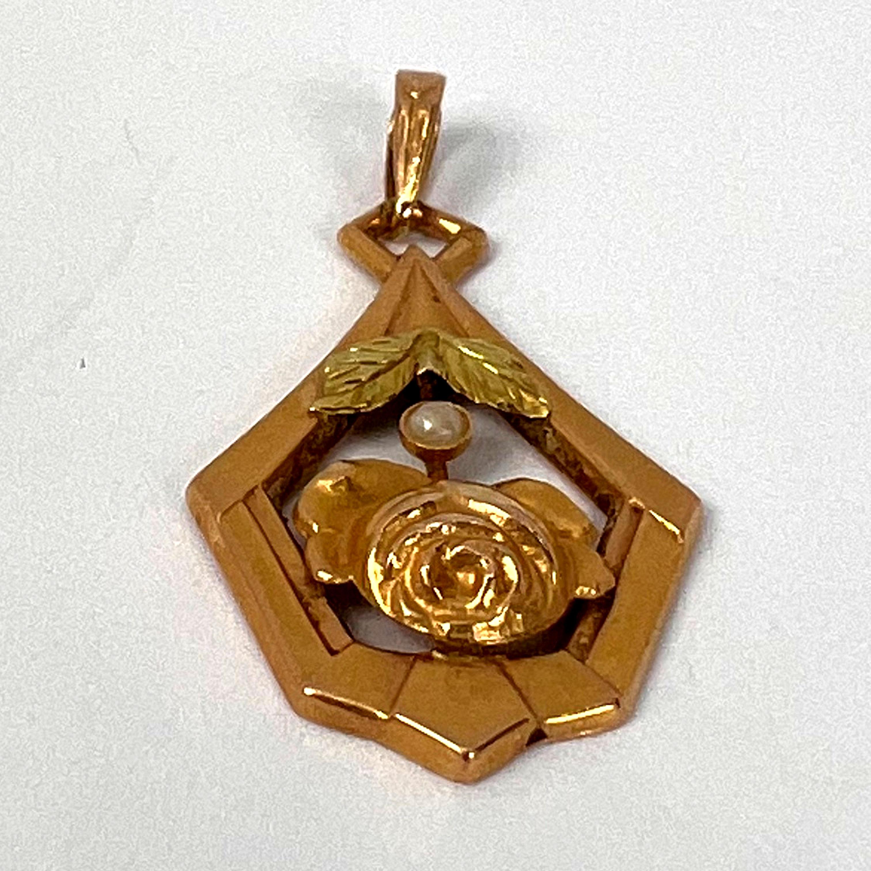 French Rose 18K Yellow Gold Pearl Charm Pendant For Sale 7
