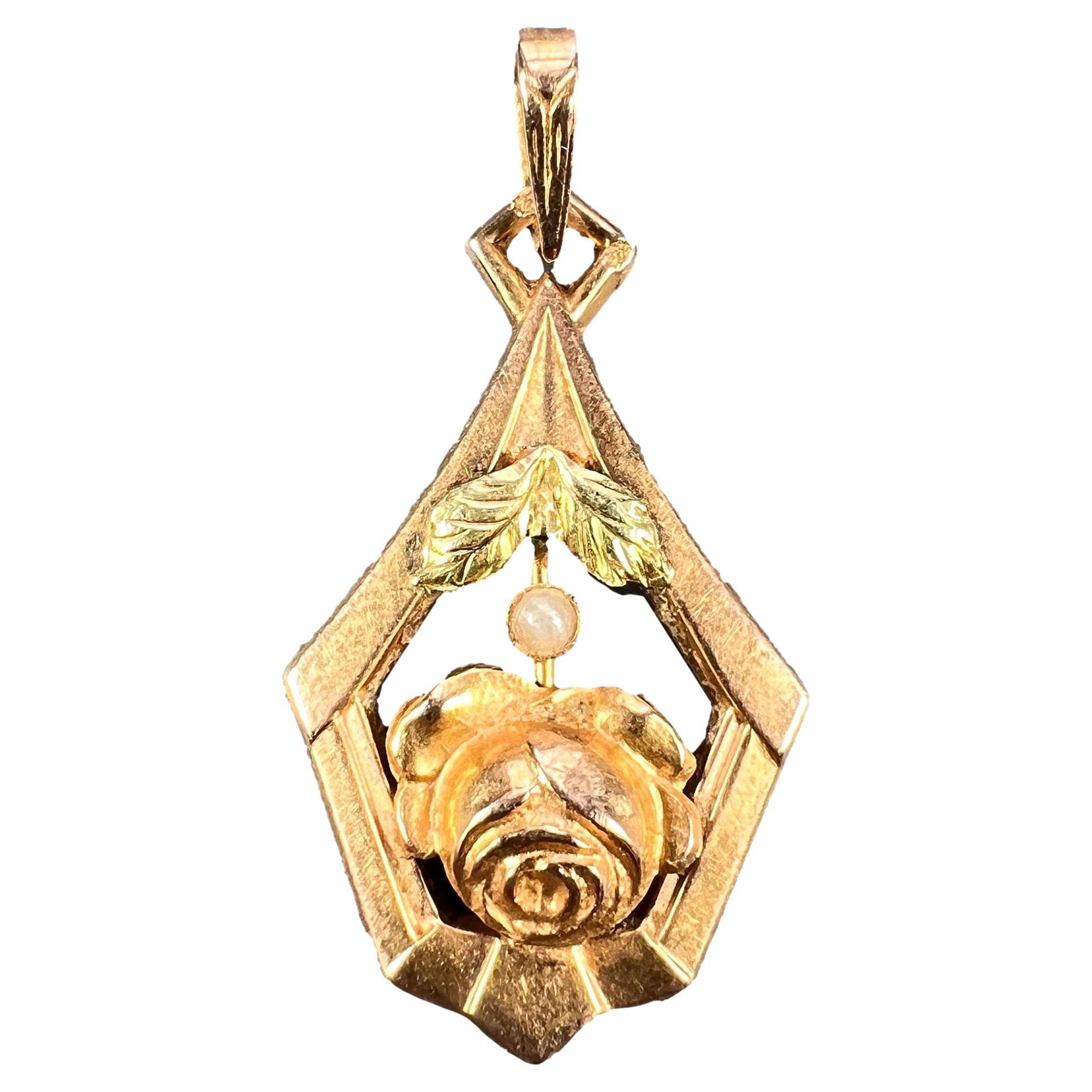 French Rose 18K Yellow Gold Pearl Charm Pendant