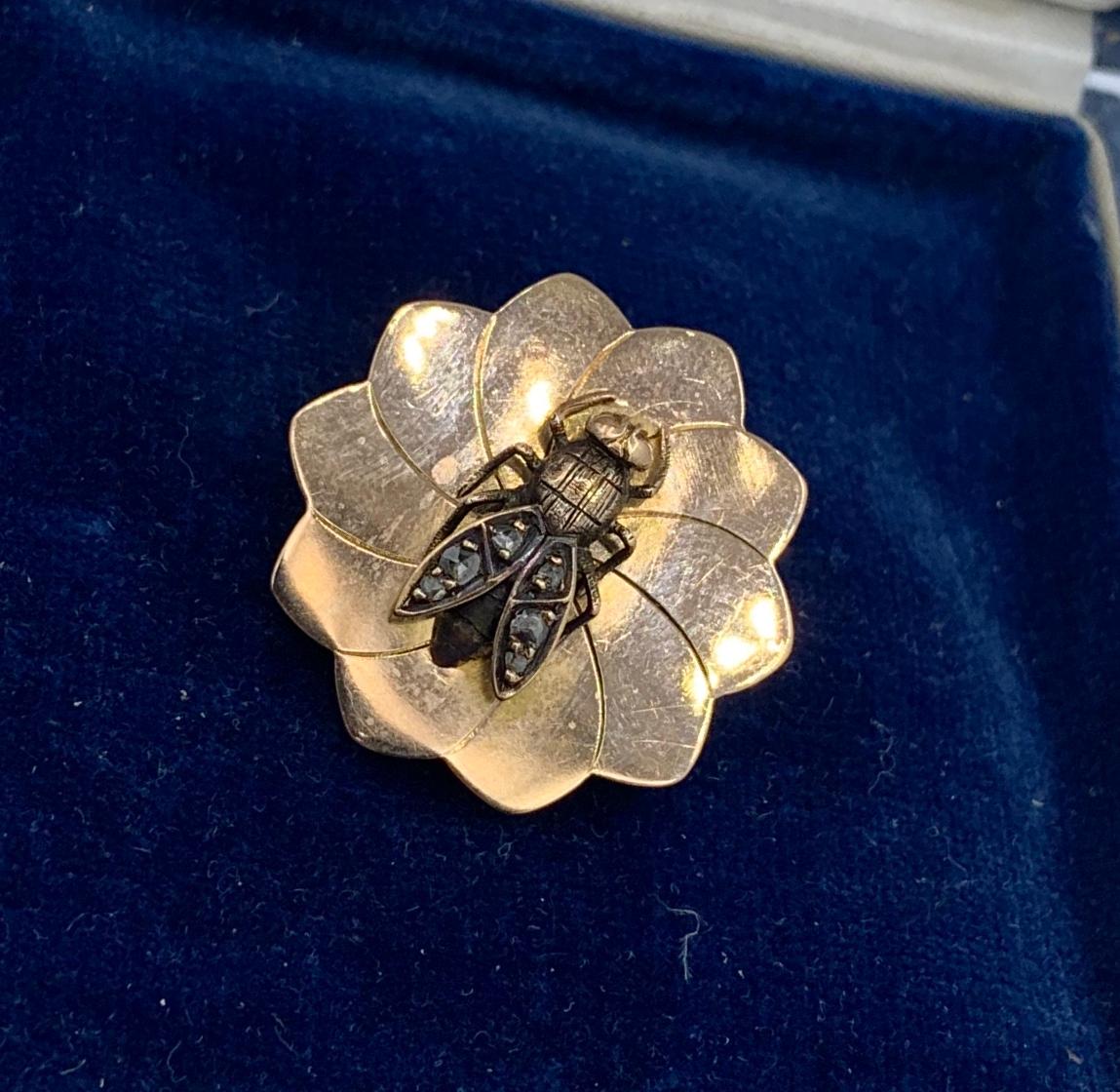 This is a rare and wonderful antique French Belle Epoque Bee Insect Brooch or Pendant set with Rose Cut Diamonds in 18 Karat Yellow Gold.  The French Belle Epoque insect jewels are of the highest quality and exude the elegance of the period.  The
