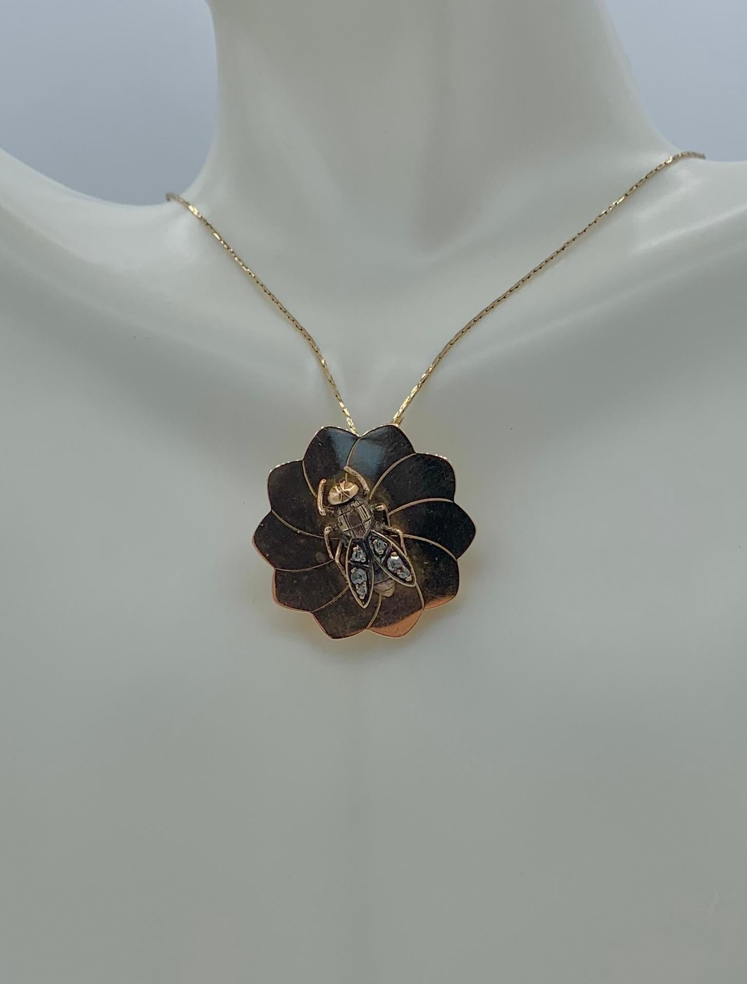 Victorian French Rose Cut Diamond Bee Fly Insect Bug Pendant Brooch Antique 18 Karat Gold For Sale