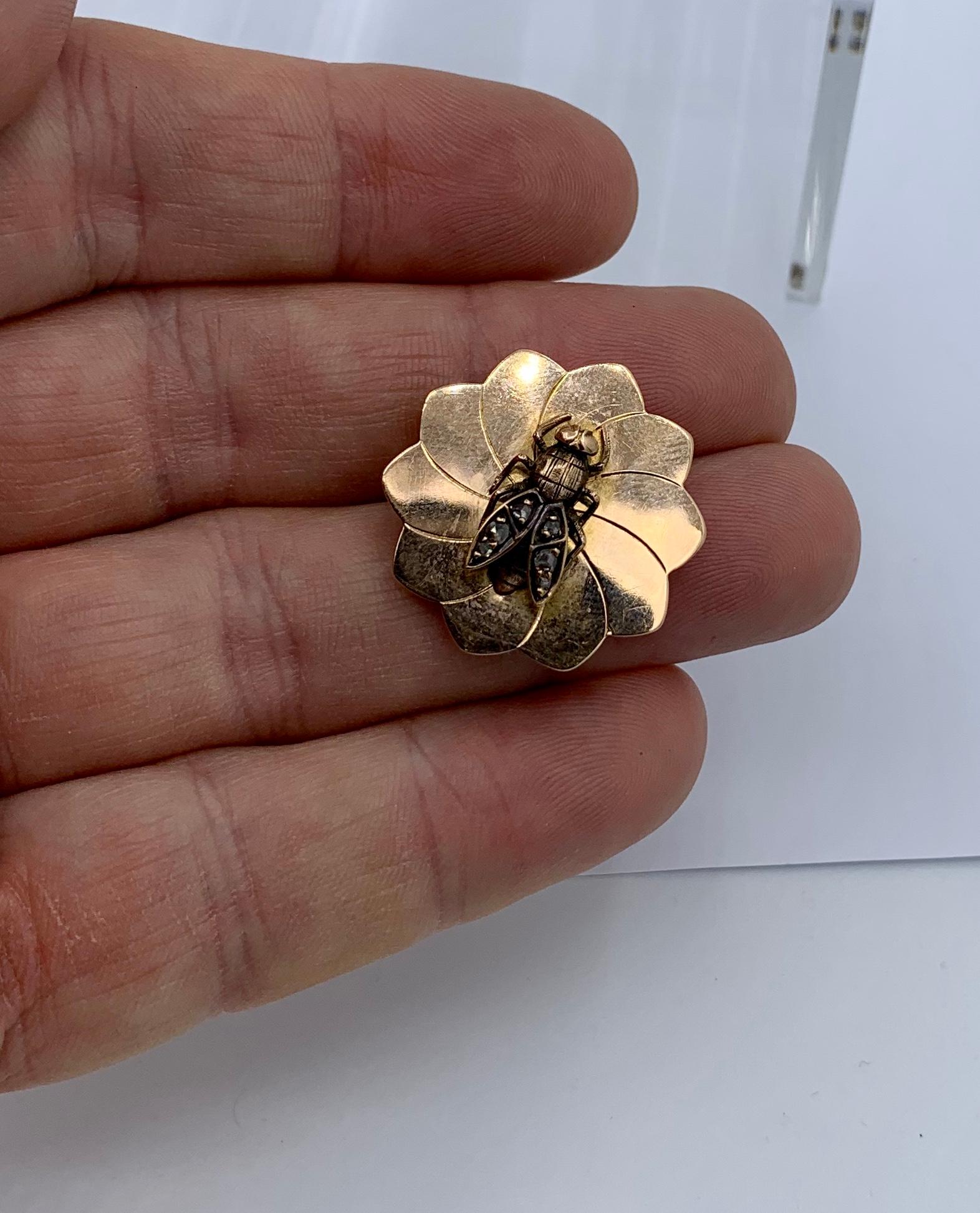 Victorien Pendentif abeille, mouche, insecte, insecte, broche en or ancien 18 carats avec diamant taille rose français en vente