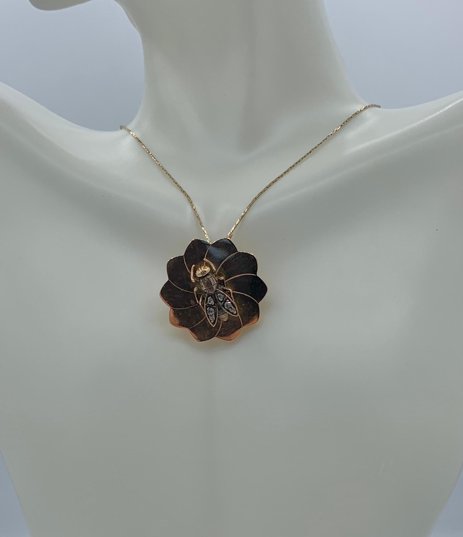 Taille rose Pendentif abeille, mouche, insecte, insecte, broche en or ancien 18 carats avec diamant taille rose français en vente