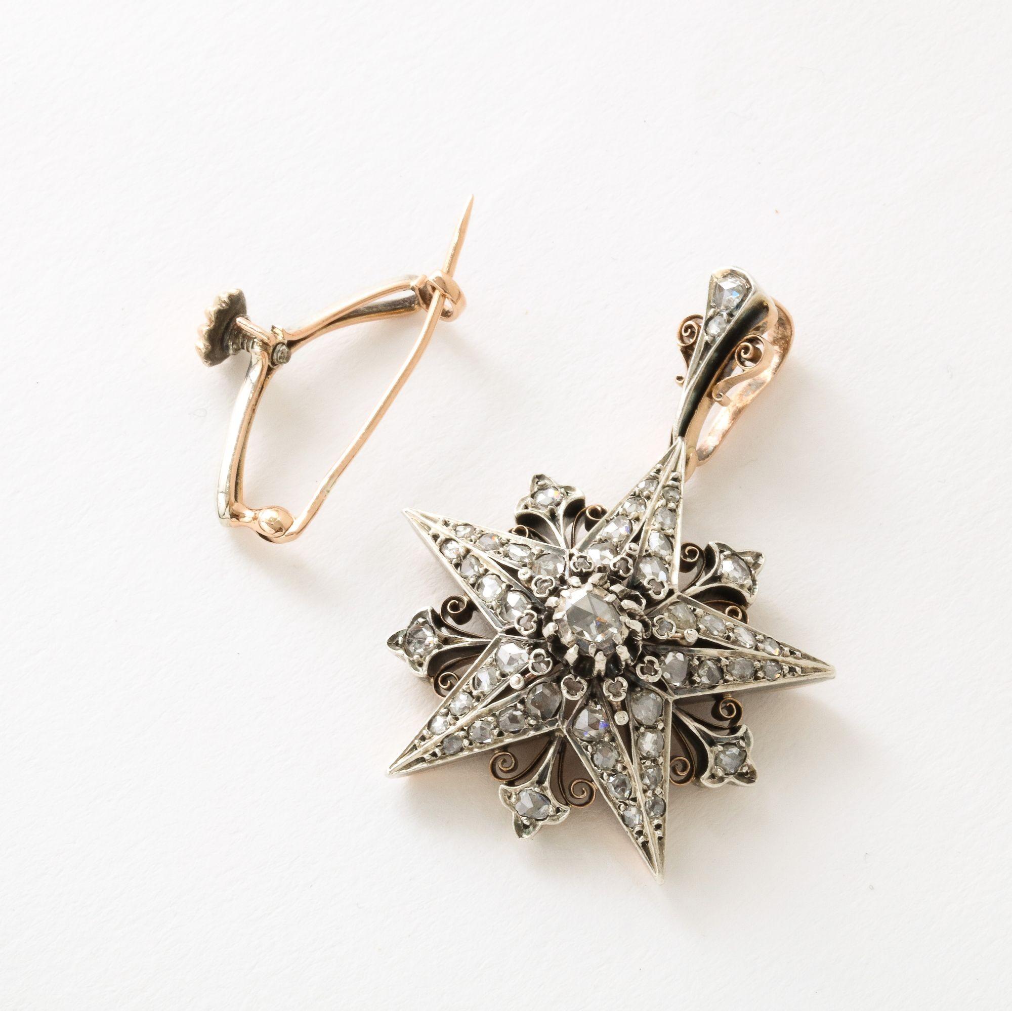 Napoleon III French Rose Diamond Five Pointed Star Brooch/ Pendant For Sale