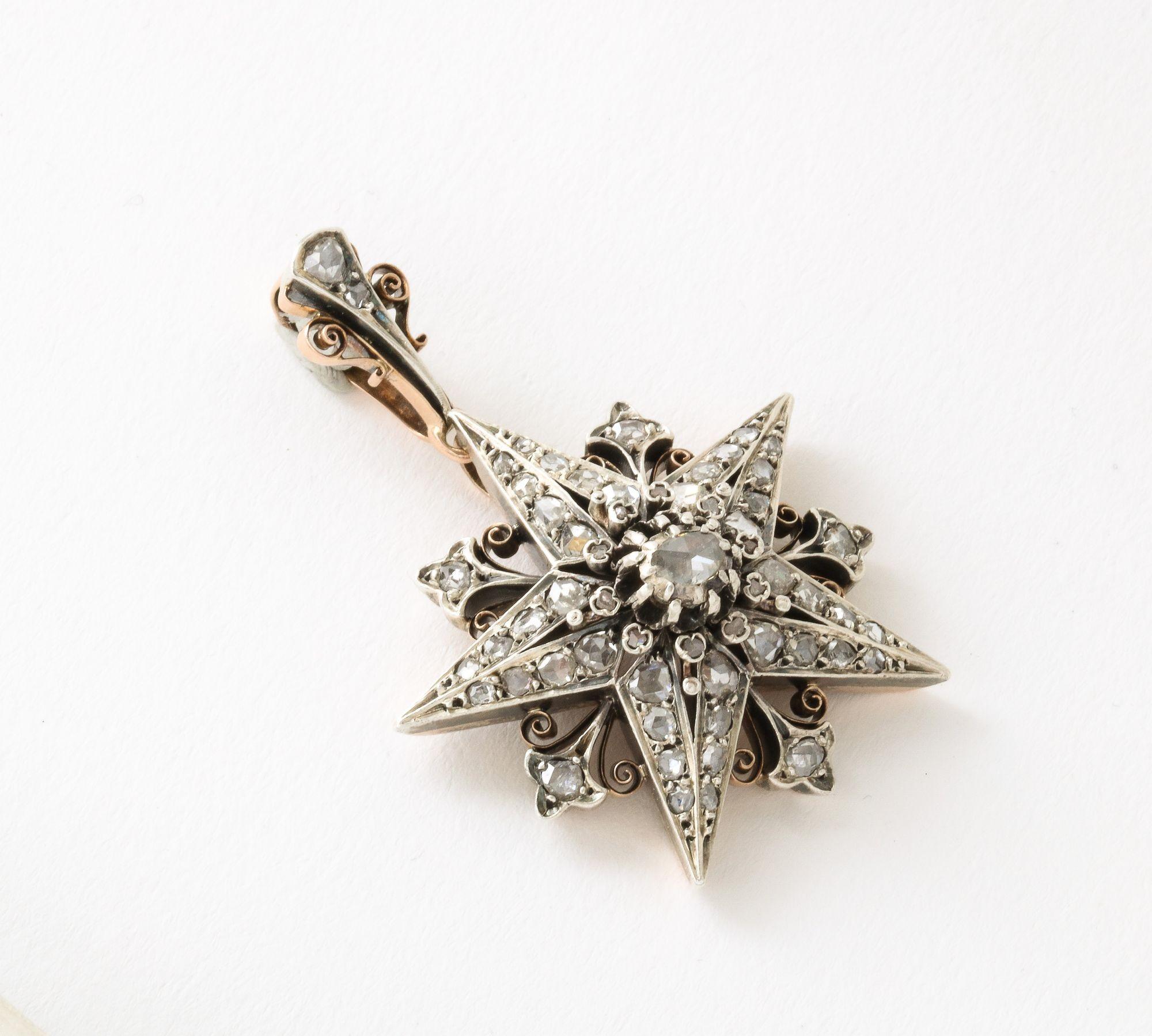 Rose Cut French Rose Diamond Five Pointed Star Brooch/ Pendant For Sale