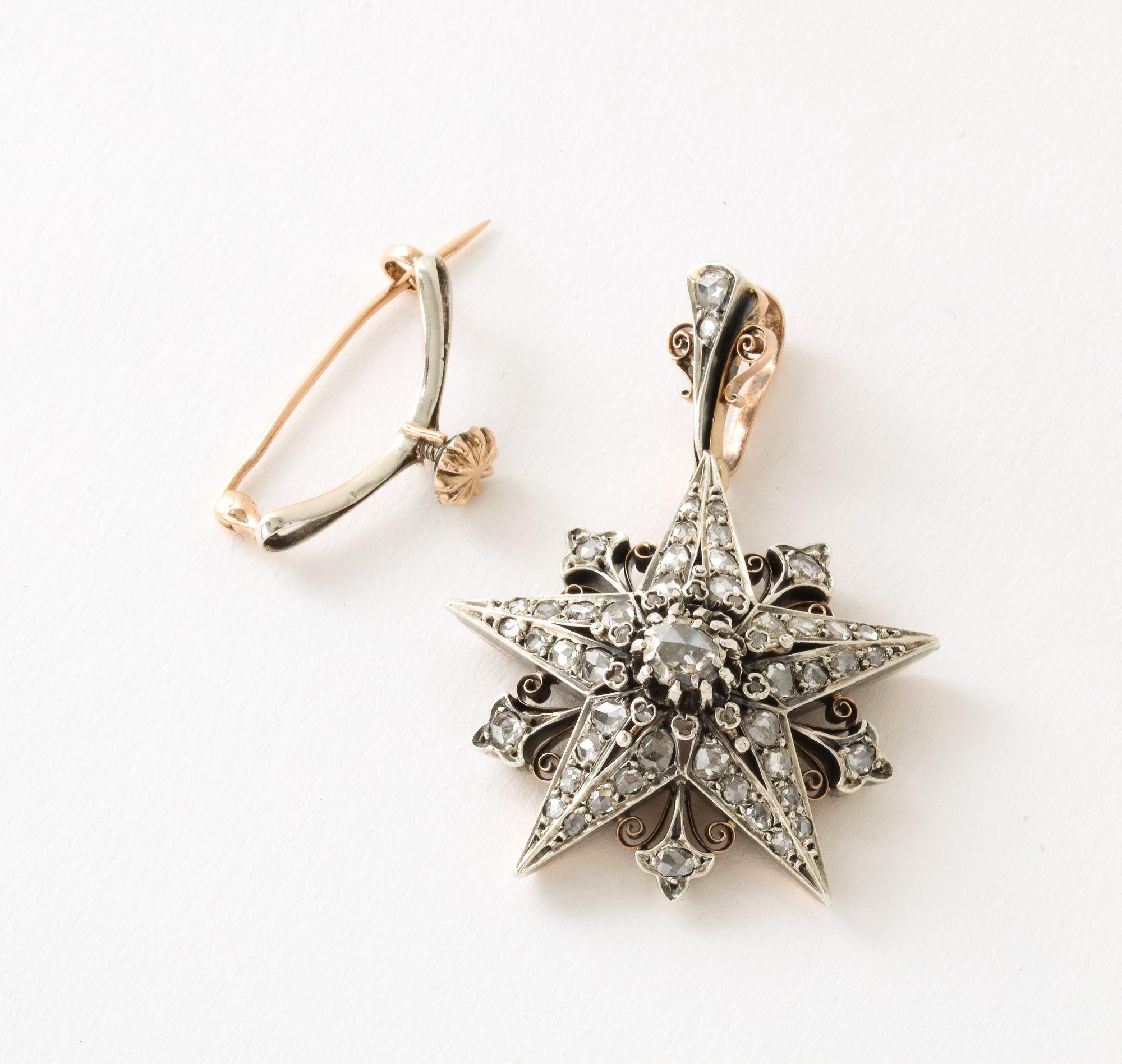 French Rose Diamond Five Pointed Star Brooch/ Pendant In Good Condition For Sale In New York, NY