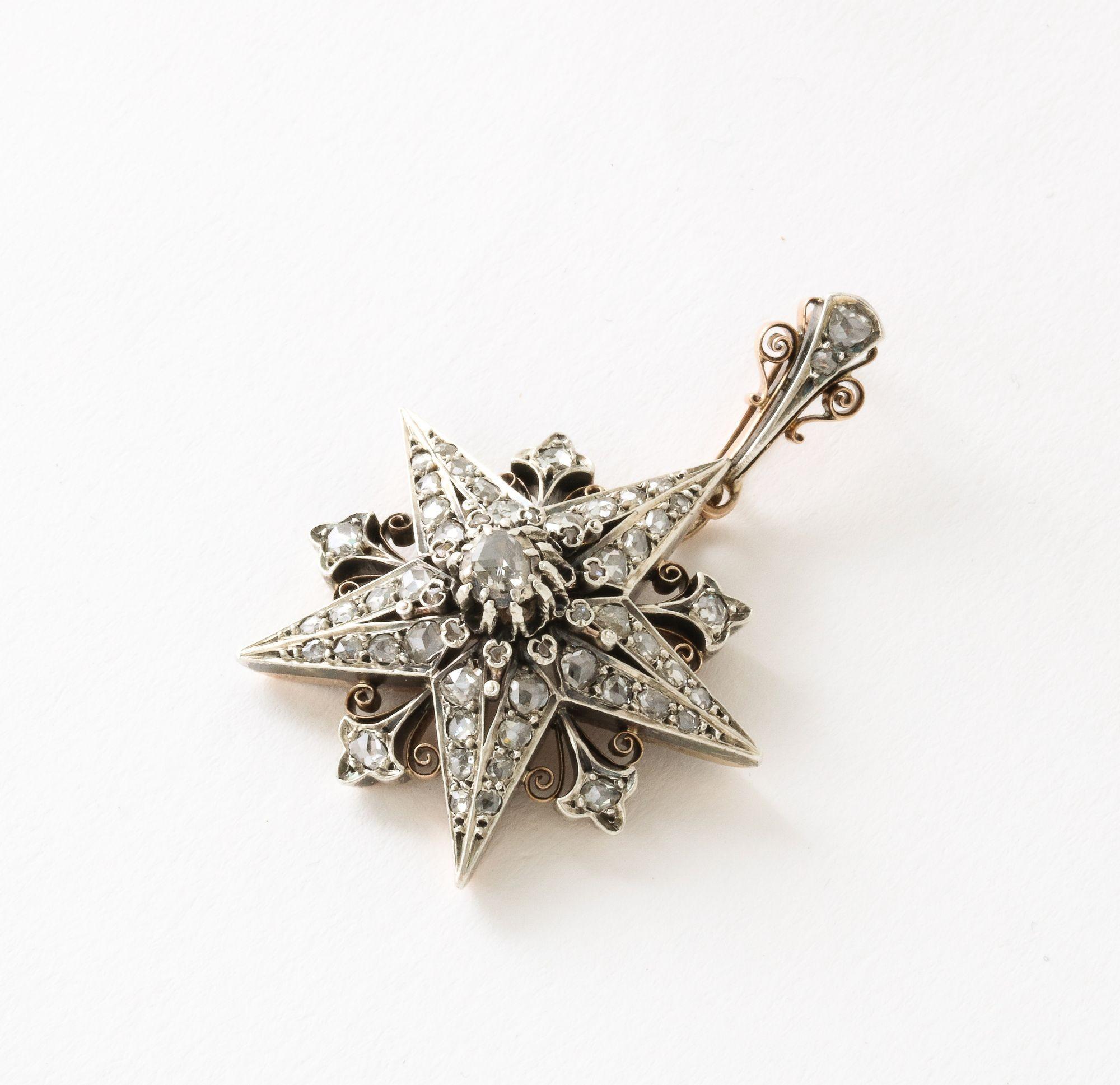 Women's or Men's French Rose Diamond Five Pointed Star Brooch/ Pendant For Sale