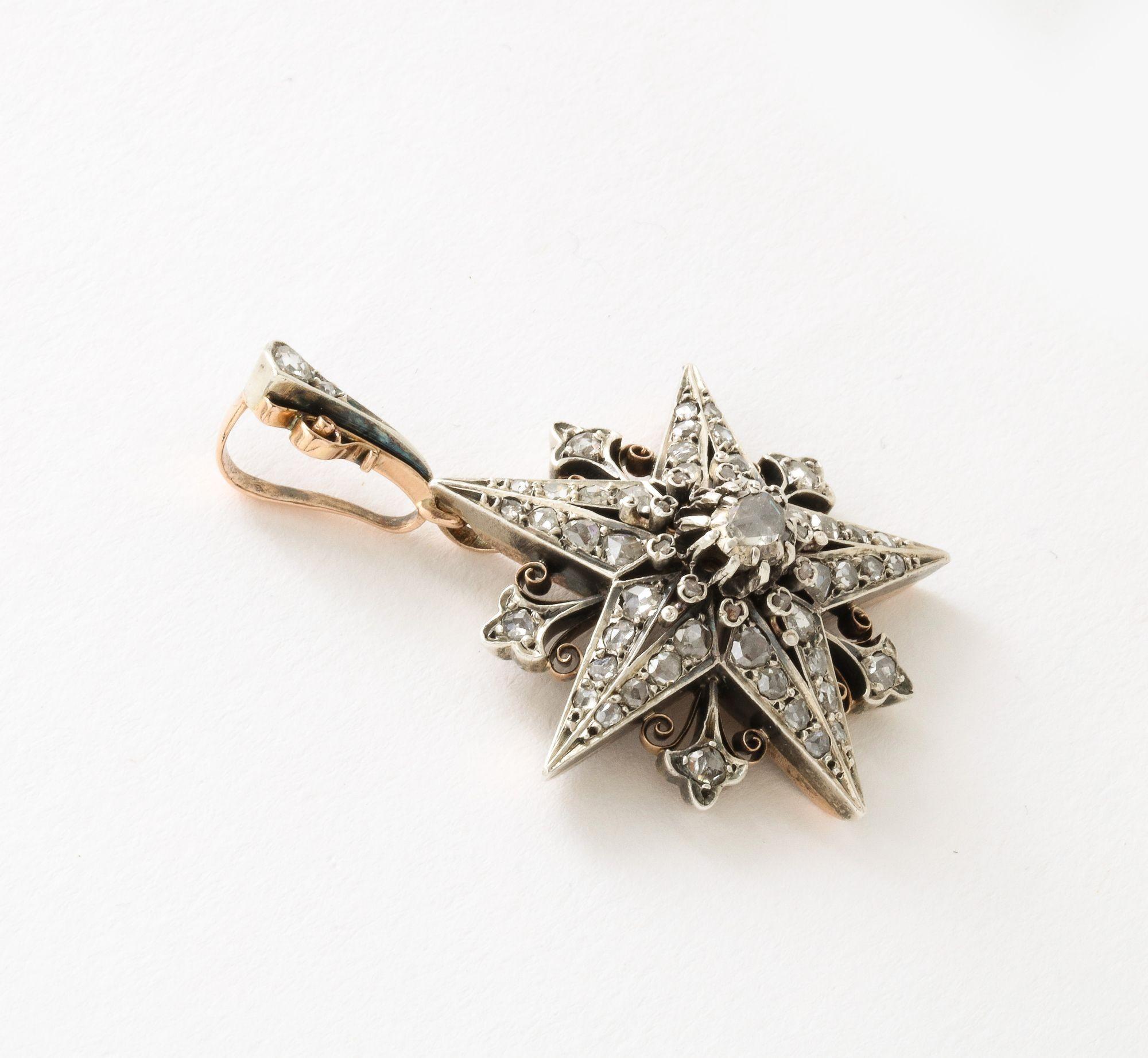 French Rose Diamond Five Pointed Star Brooch/ Pendant For Sale 1