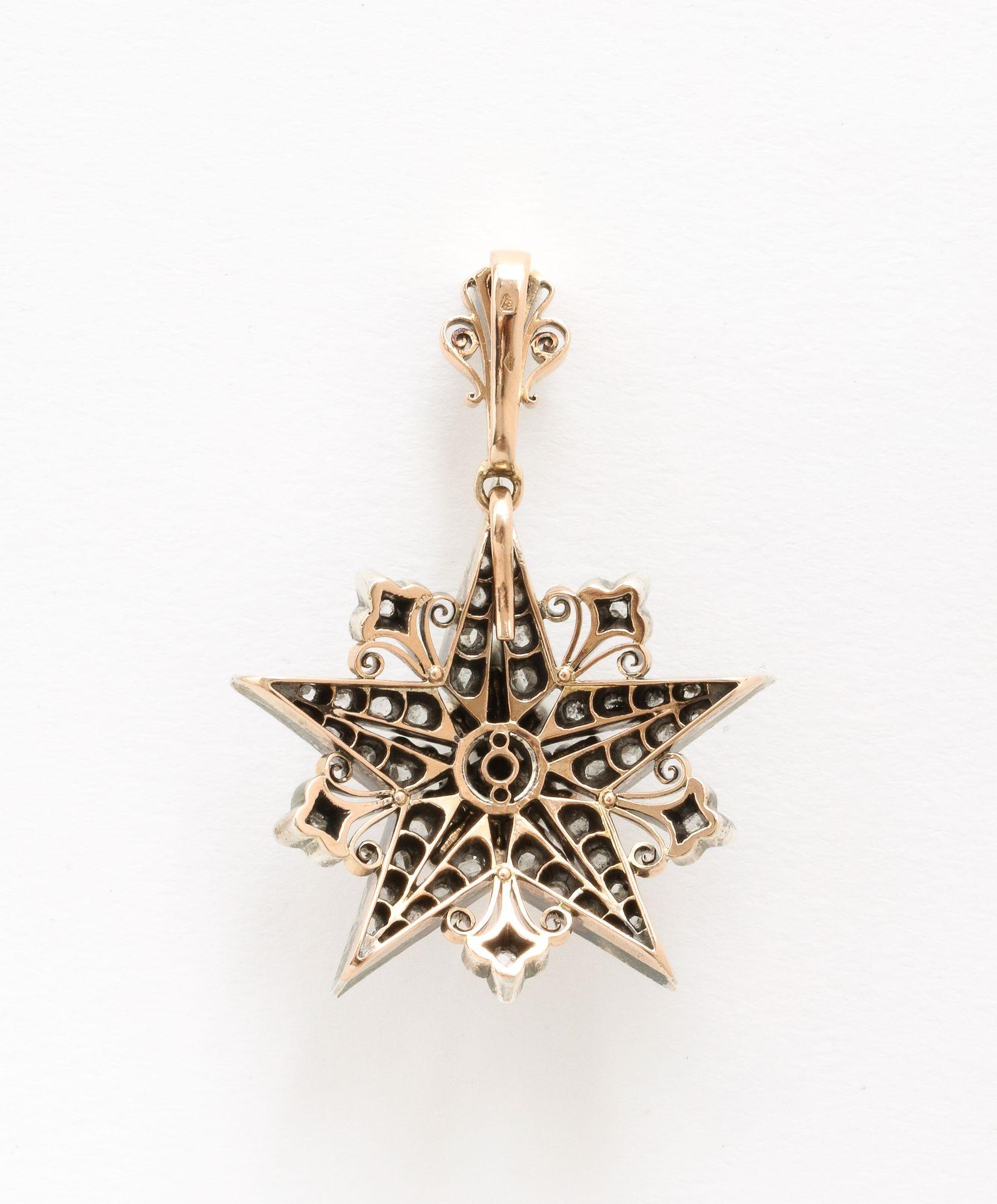 French Rose Diamond Five Pointed Star Brooch/ Pendant For Sale 2