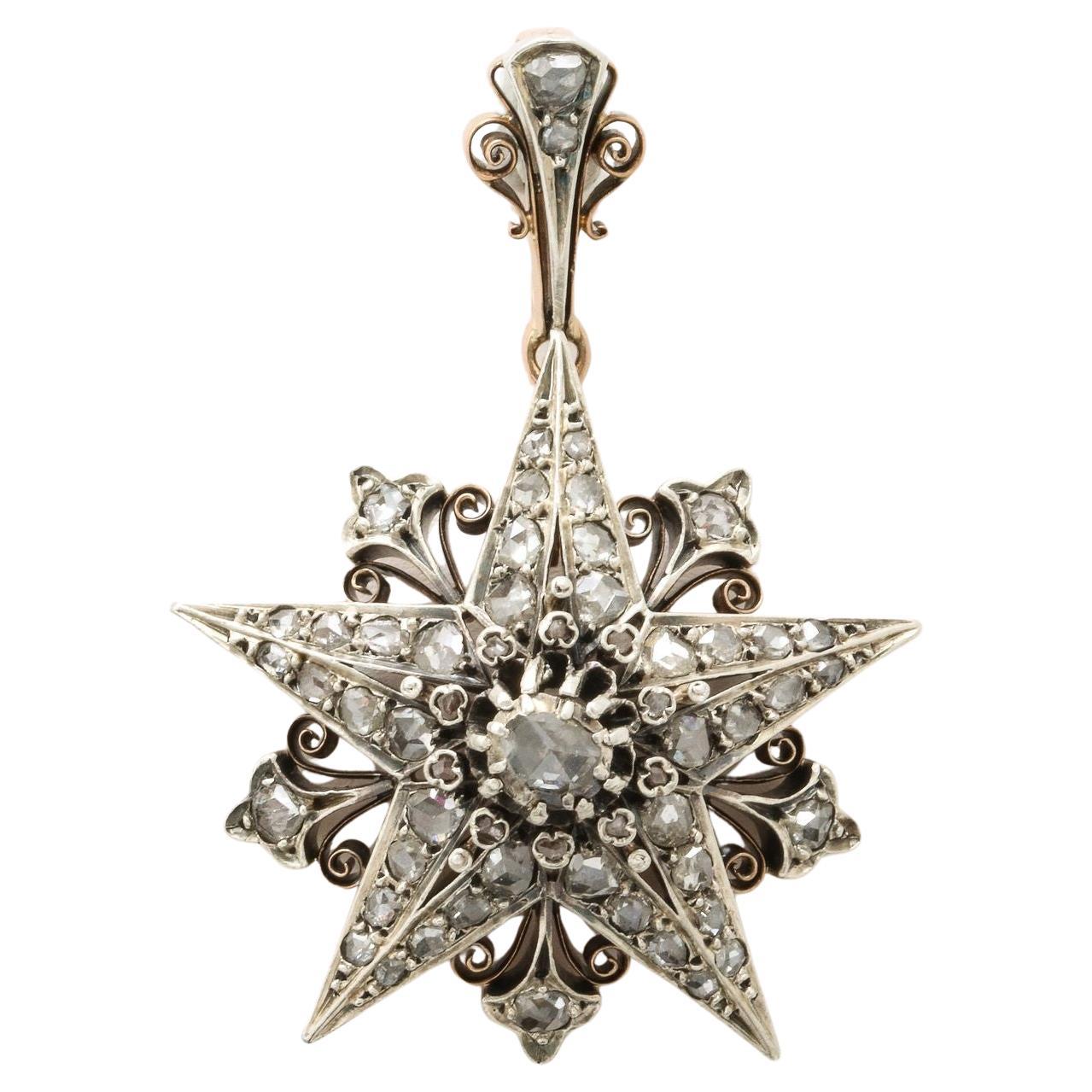French Rose Diamond Five Pointed Star Brooch/ Pendant For Sale