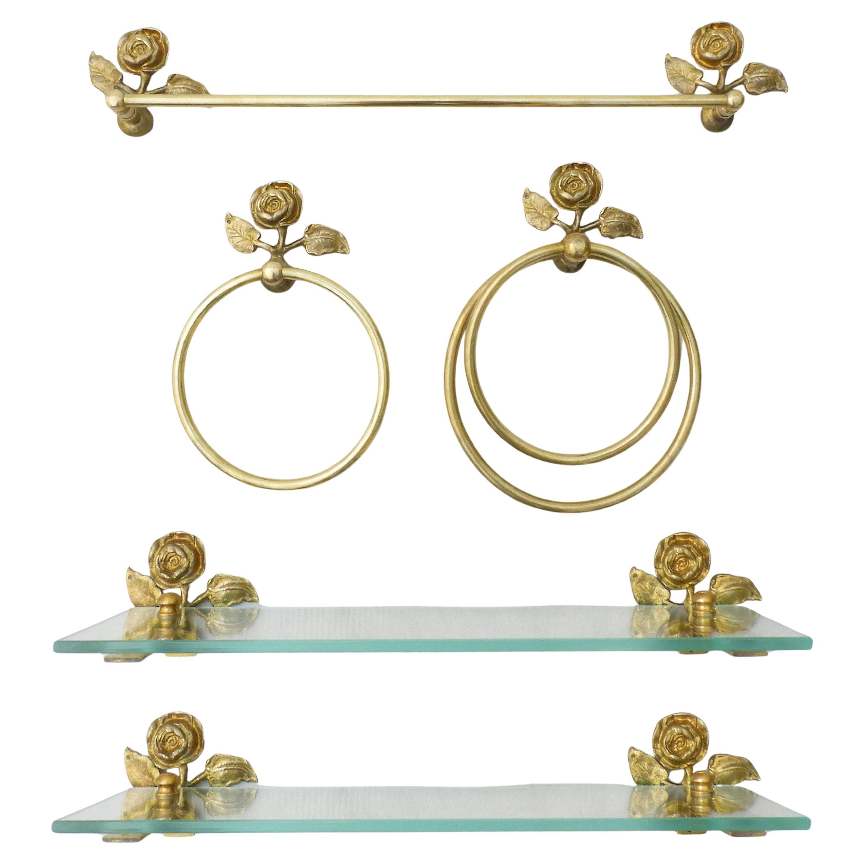 Accessori da bagno con fiori di rosa francesi in bronzo e ottone C1950
