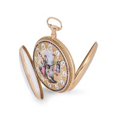 French Rose Gold Antique Verge Quarter Repeater Pocket Watch Painted Enamel Dial