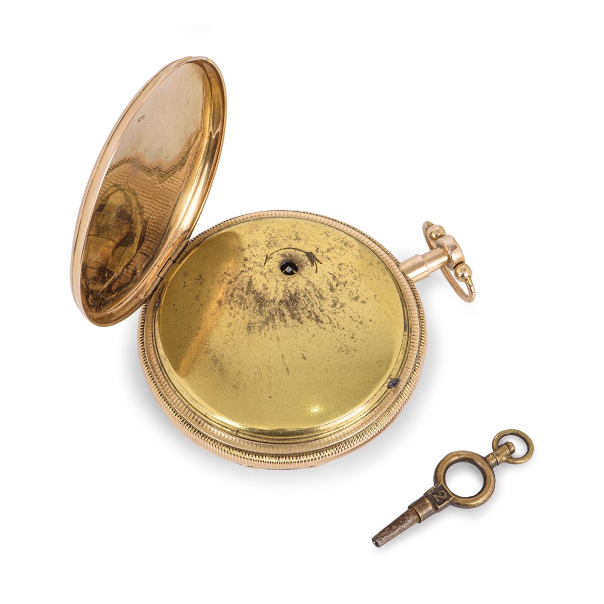 Montre de poche ancienne Verge Quarter Repeater en or rose peinte avec cadran en émail Pour hommes en vente