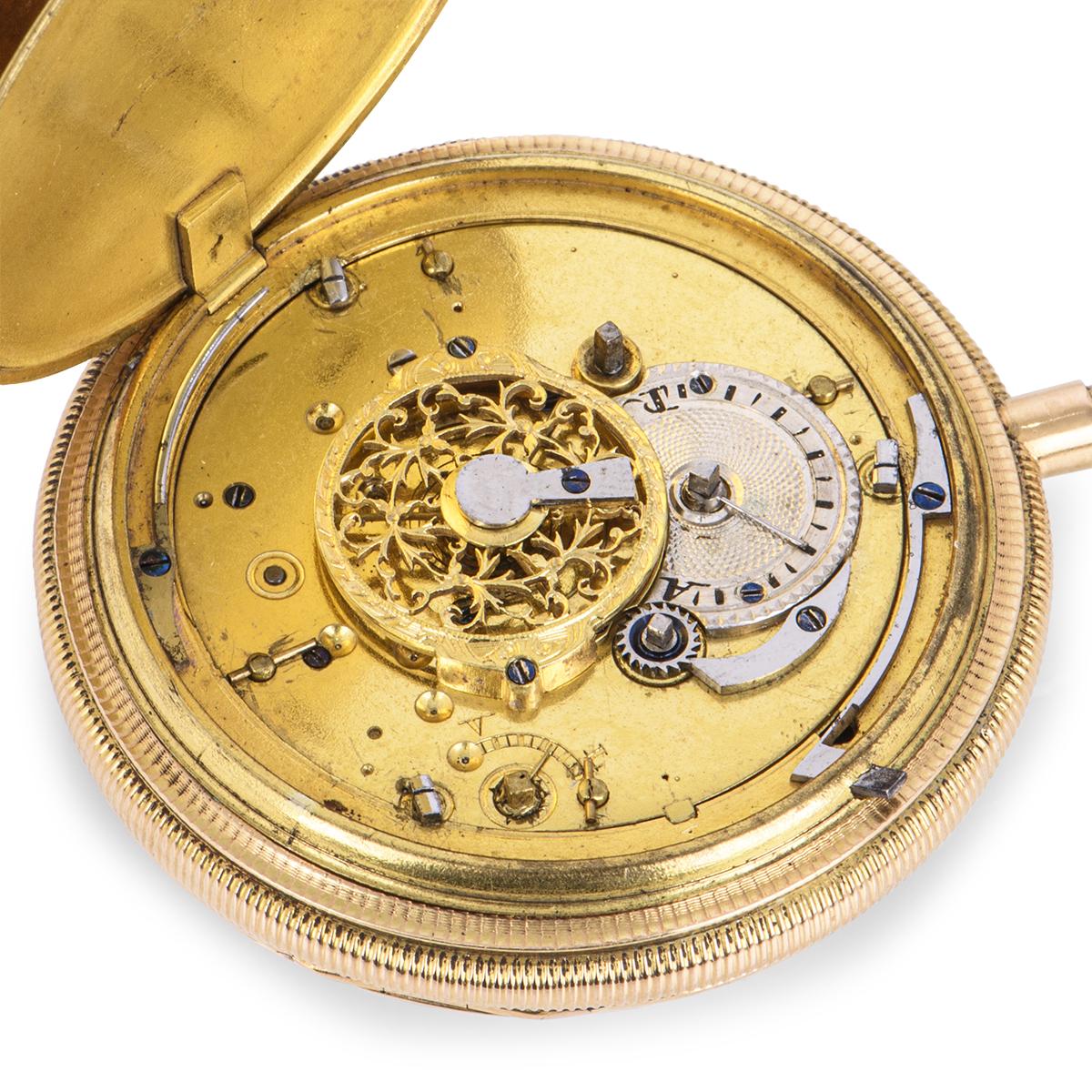 French Rose Gold Antique Verge Quarter Repeater Pocket Watch Painted Enamel Dial In Excellent Condition For Sale In London, GB