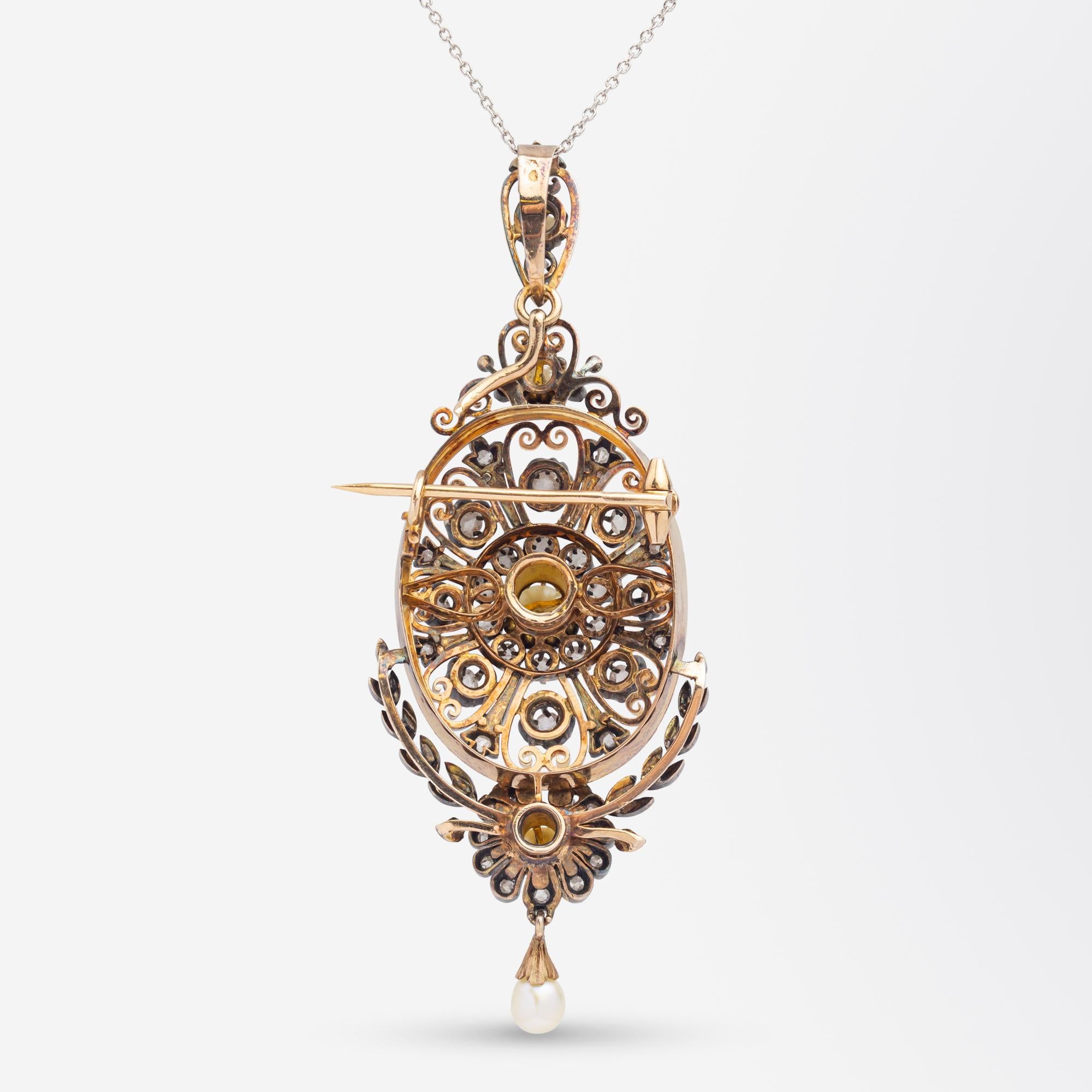 Pendentif broche français en or rose, diamants et perles, c. 1850 Bon état - En vente à Brisbane City, QLD