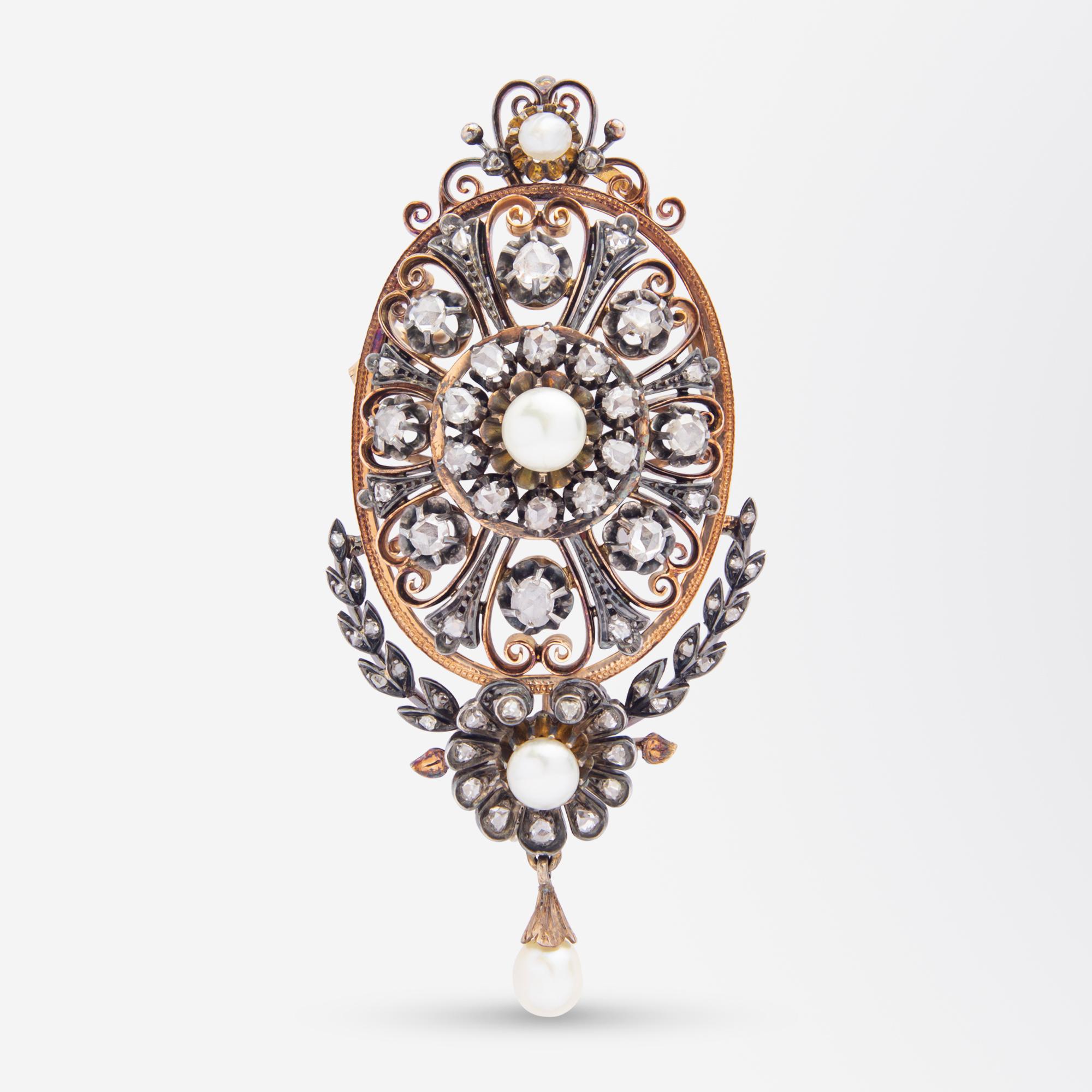 Brosche mit Anhänger aus Roségold, Diamanten und Perlen, um 1850 Damen im Angebot