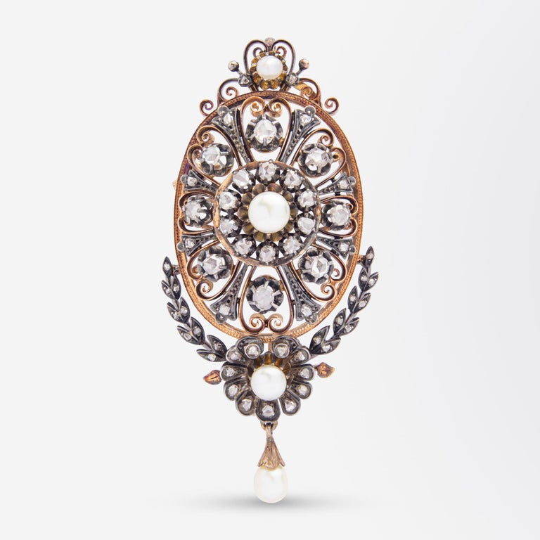 Women's French, Rose Gold, Diamond & Pearl Brooch Pendant, Circa 1850 For Sale