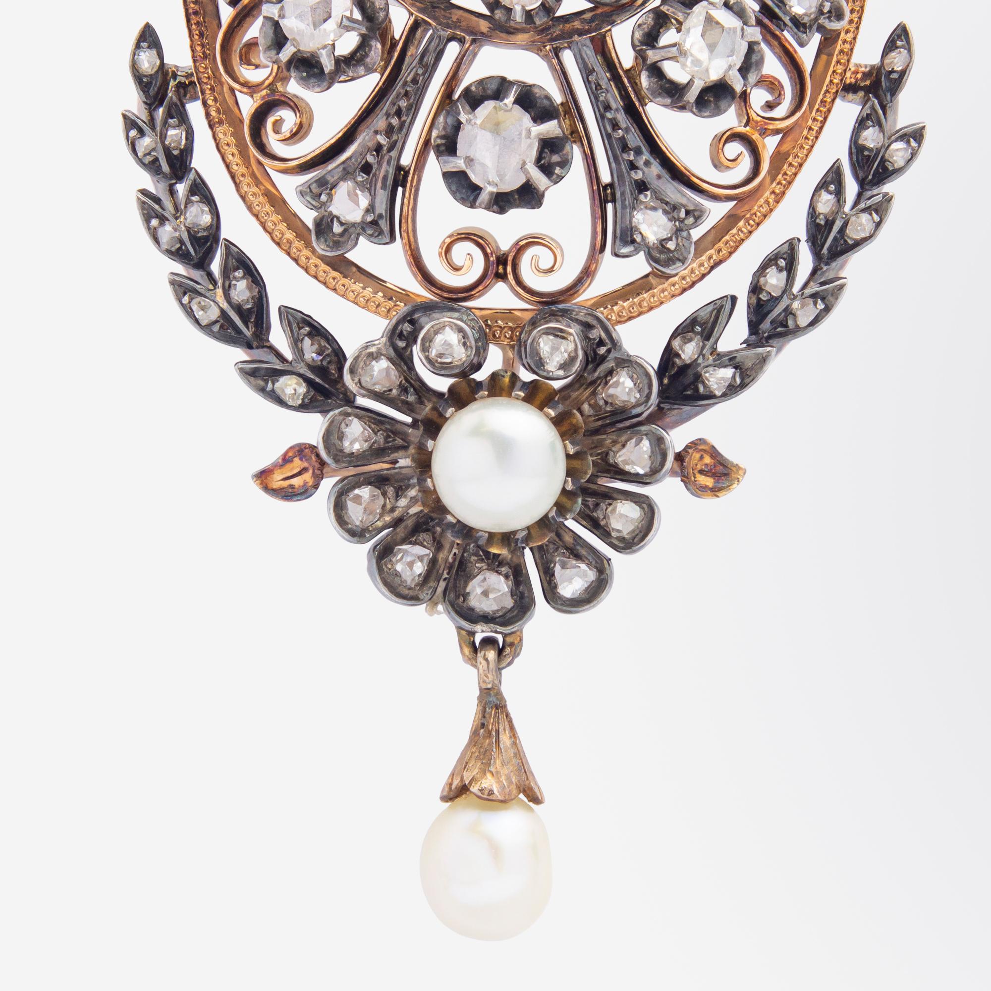 Pendentif broche français en or rose, diamants et perles, c. 1850 en vente 1