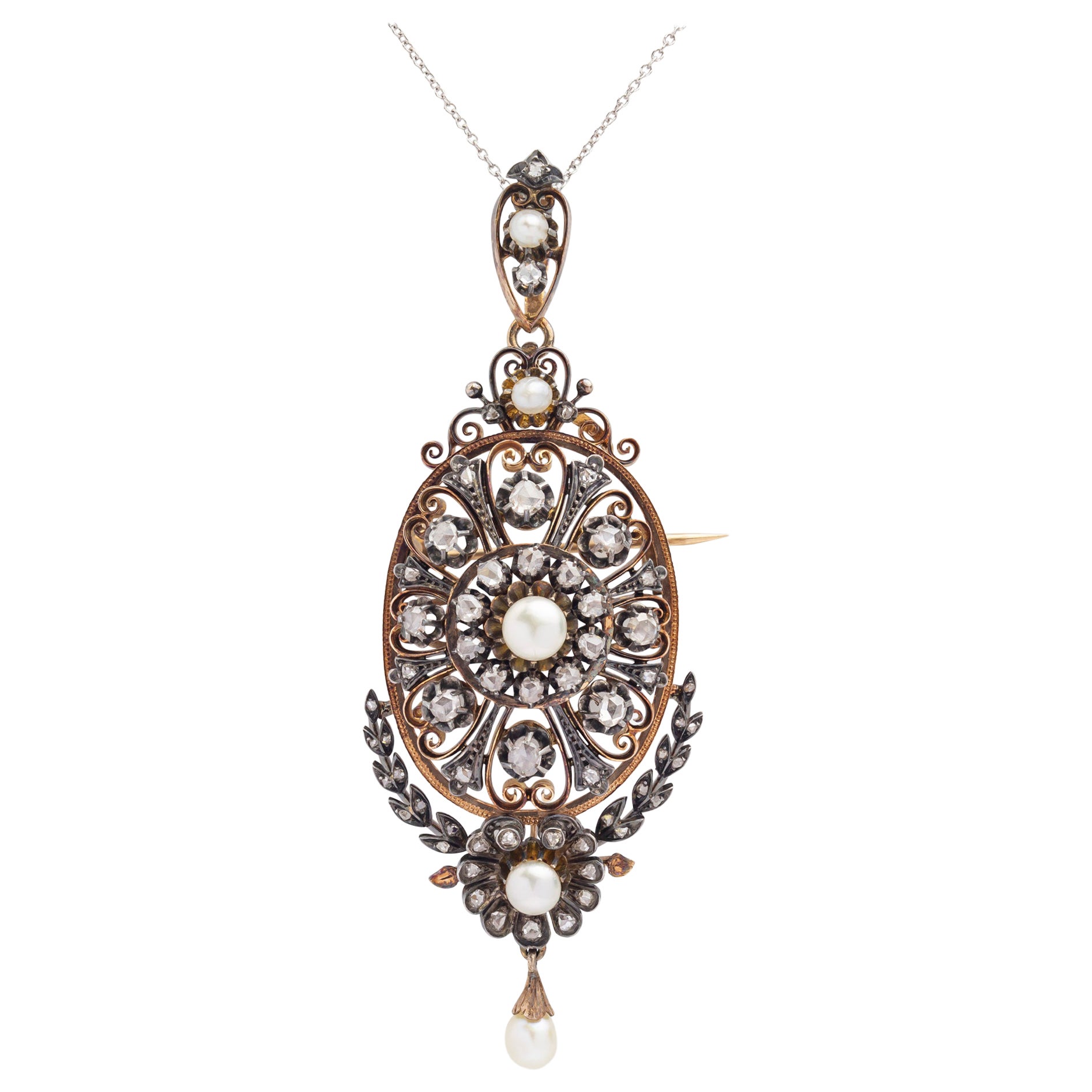 Colgante Broche Francés, Oro Rosa, Diamantes y Perlas, Circa 1850