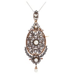 Pendentif broche français en or rose, diamants et perles, c. 1850