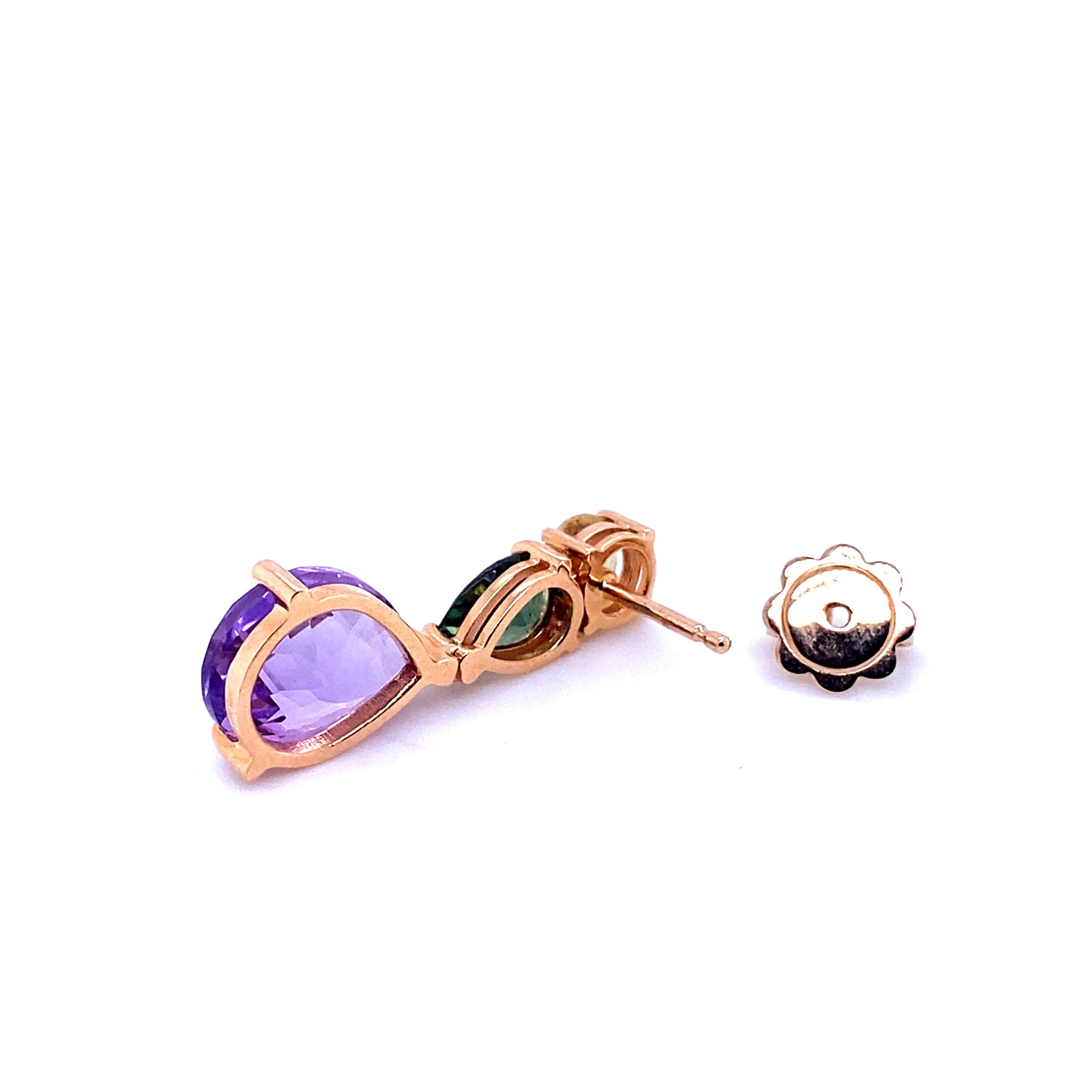 Artisan French Rose Gold Earrings Accompanied by a Amethyst, Citrine and Tourmaline For Sale