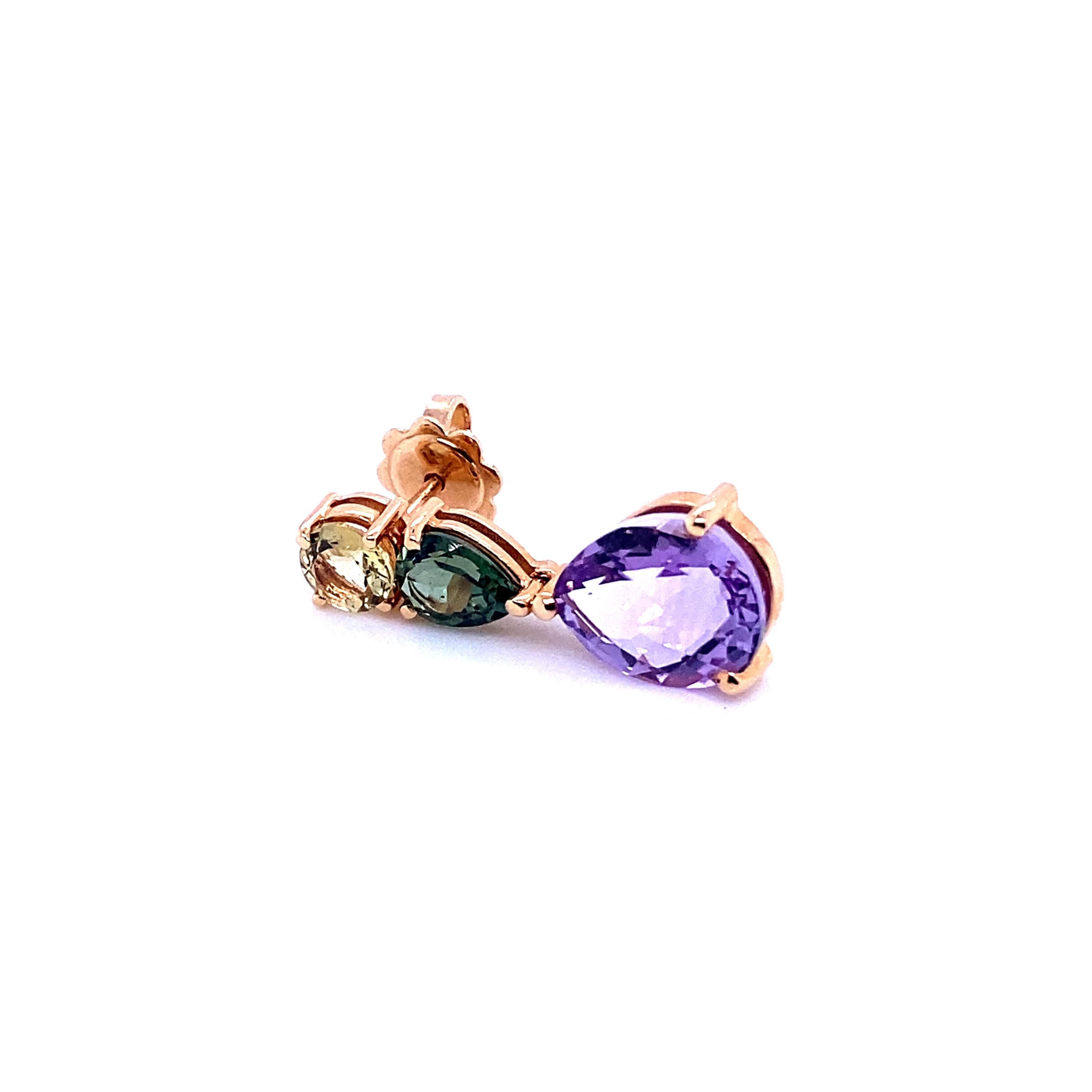 French Rose Gold Earrings Accompanied by a Amethyst, Citrine and Tourmaline In New Condition For Sale In Vannes, FR