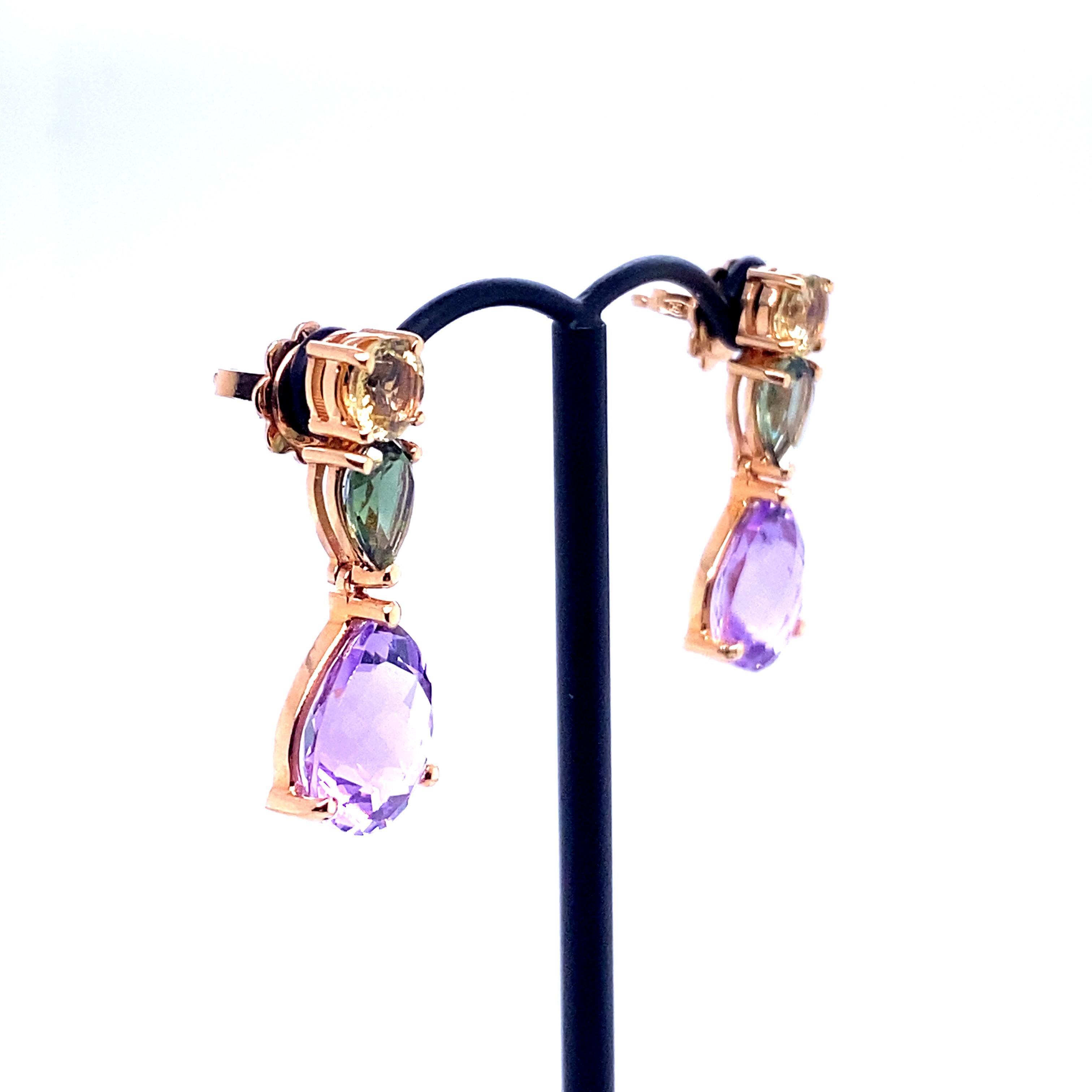 Women's French Rose Gold Earrings Accompanied by a Amethyst, Citrine and Tourmaline For Sale