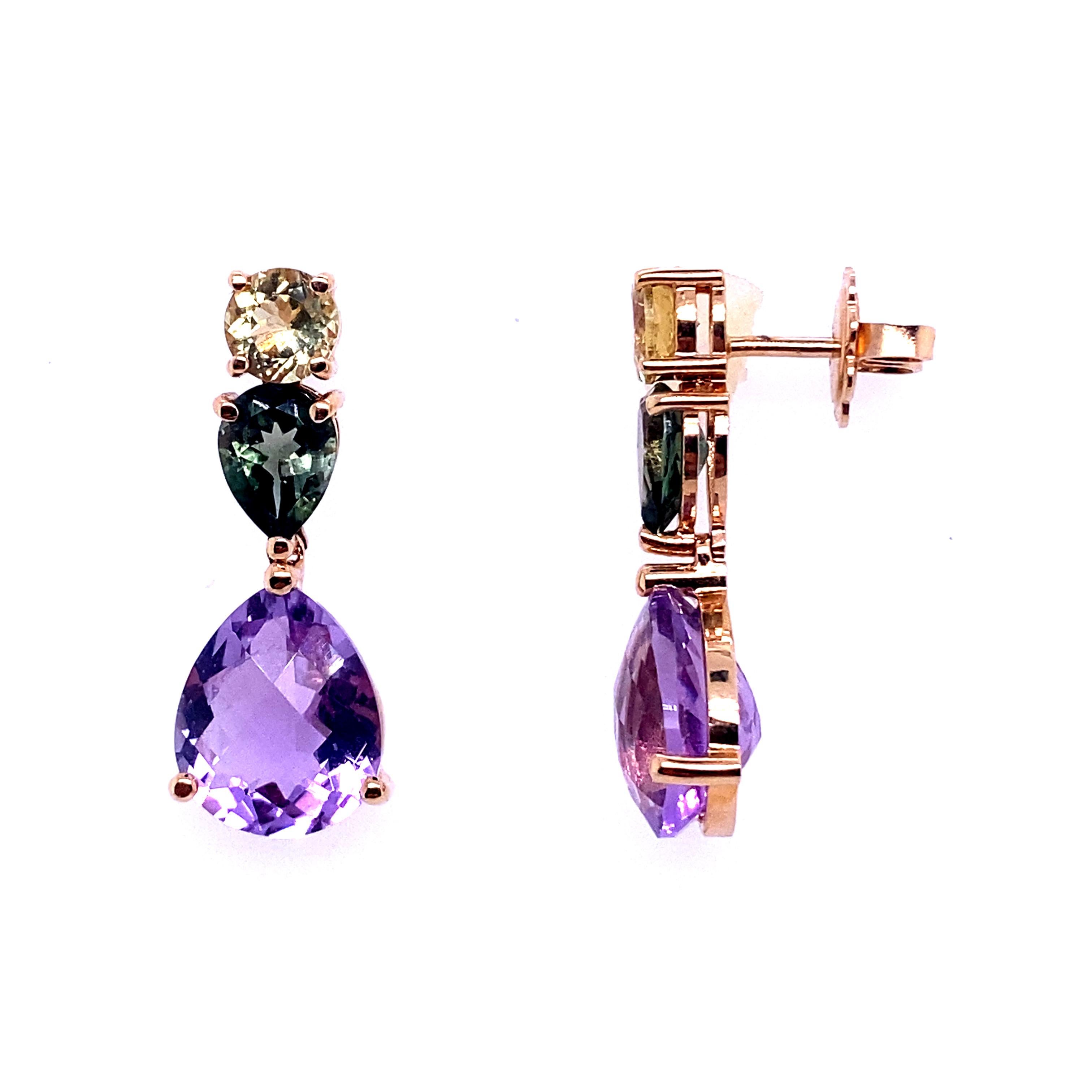 French Rose Gold Earrings Accompanied by a Amethyst, Citrine and Tourmaline For Sale 2