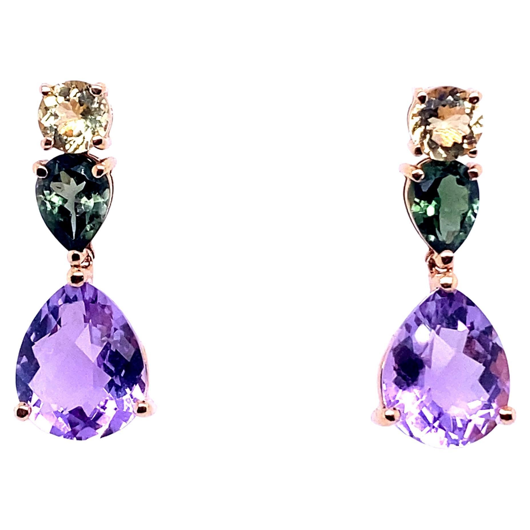 French Rose Gold Earrings Accompanied by a Amethyst, Citrine and Tourmaline For Sale