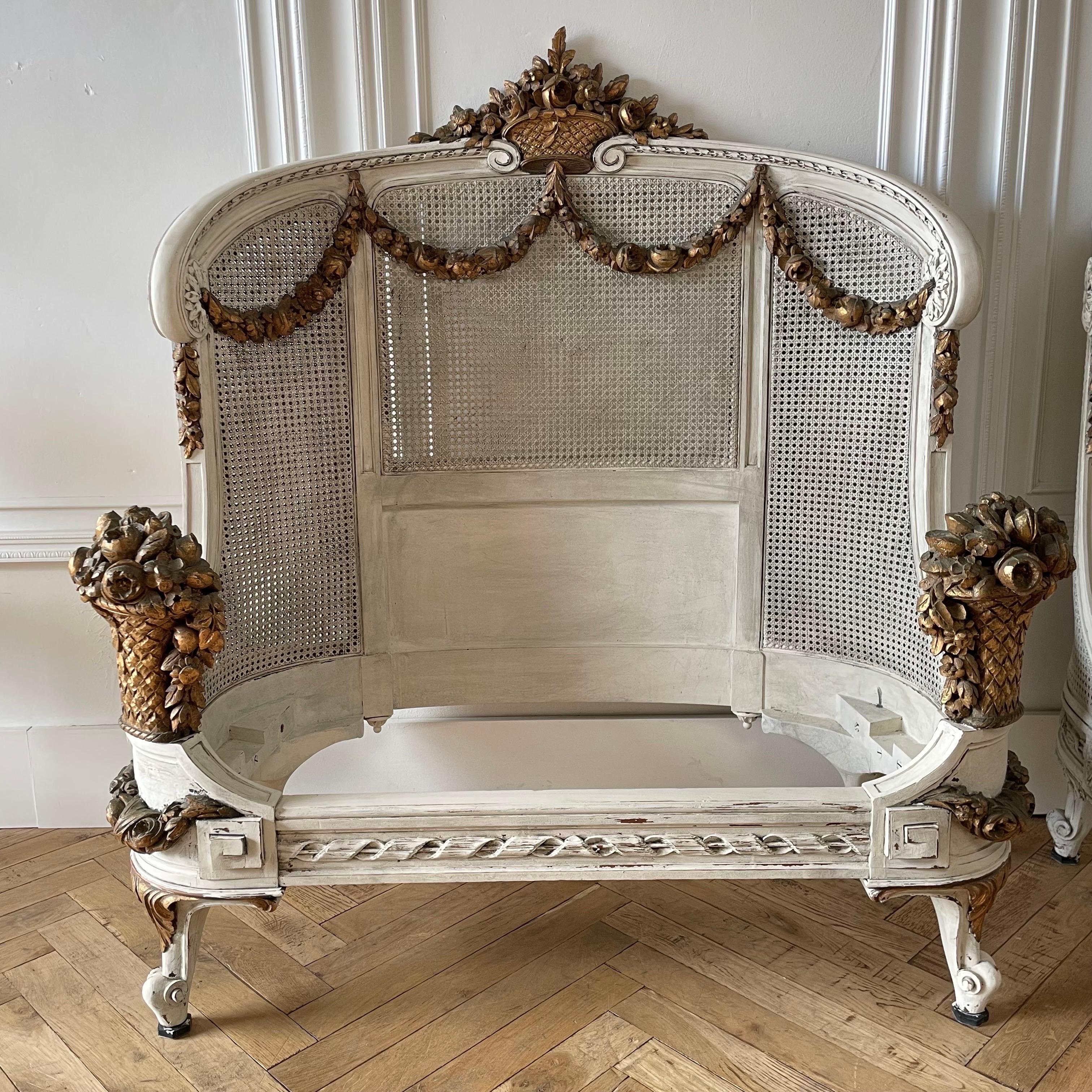 French Roses Gilt and Painted Pair of Twin Size Beds with Cane 7