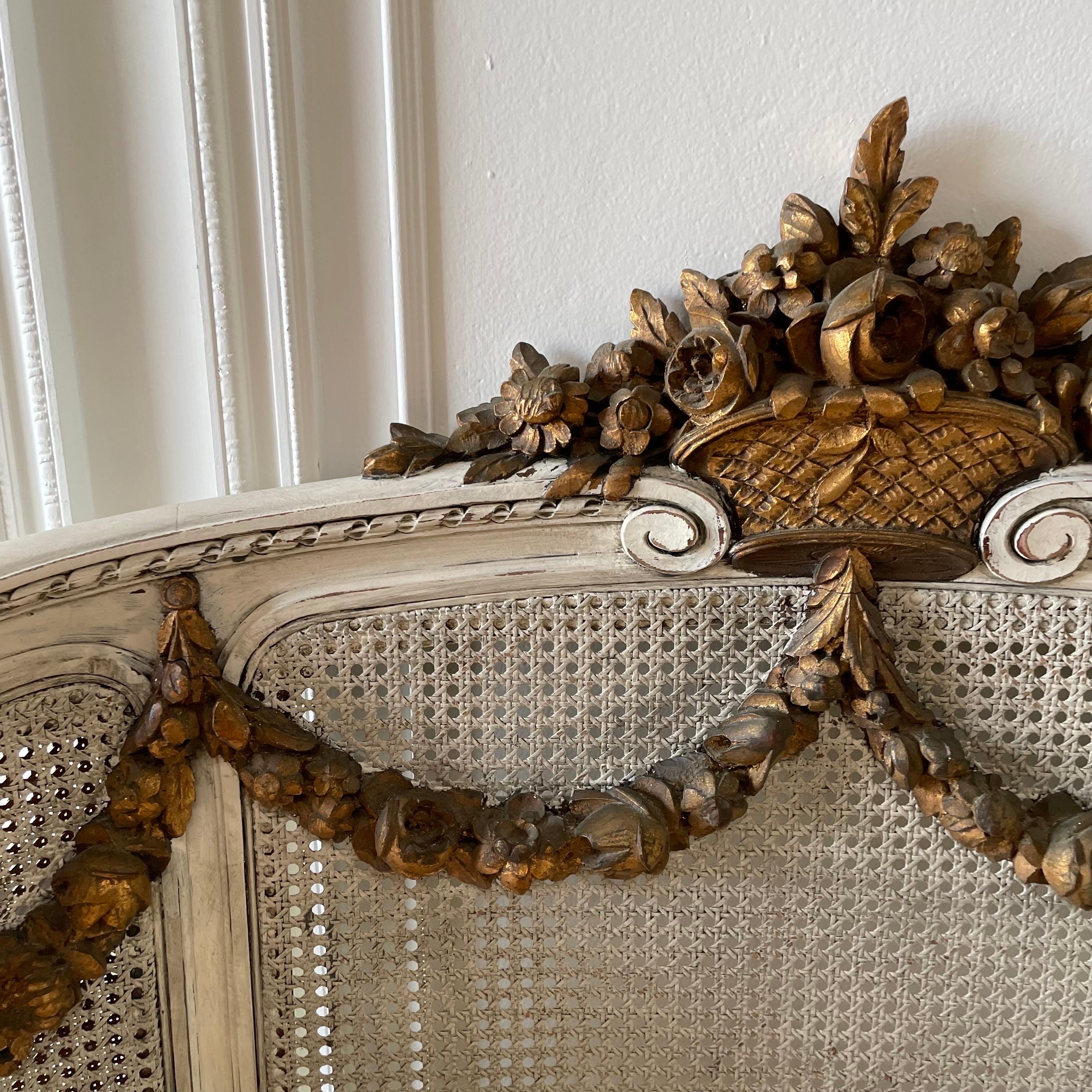 French Roses Gilt and Painted Pair of Twin Size Beds with Cane 8