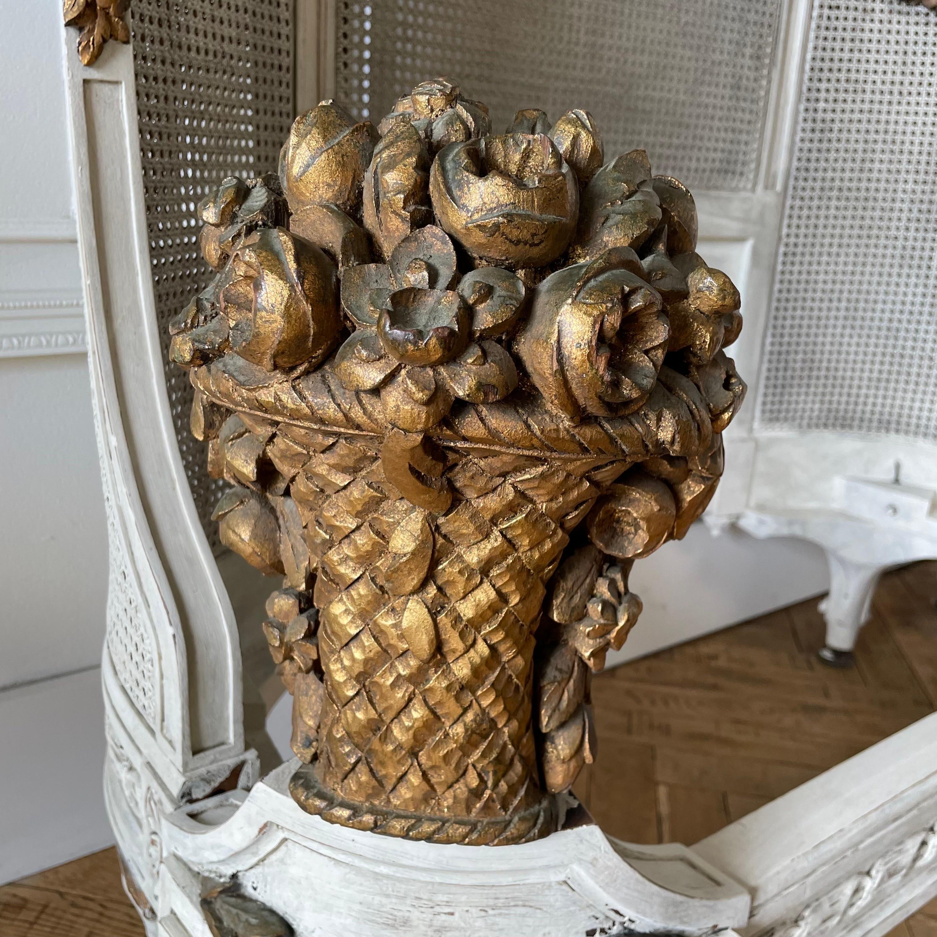 French Roses Gilt and Painted Pair of Twin Size Beds with Cane 12