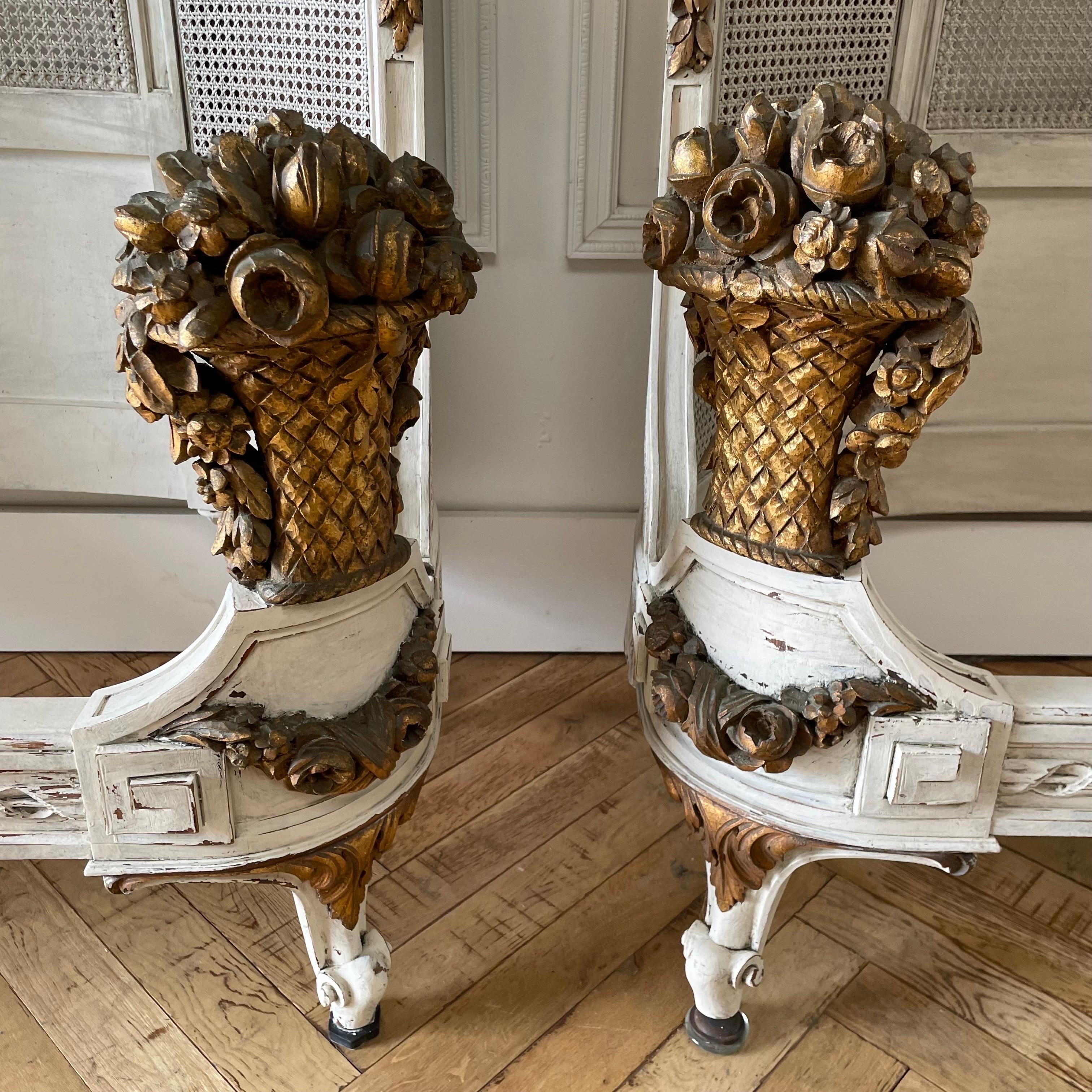 French Roses Gilt and Painted Pair of Twin Size Beds with Cane 13