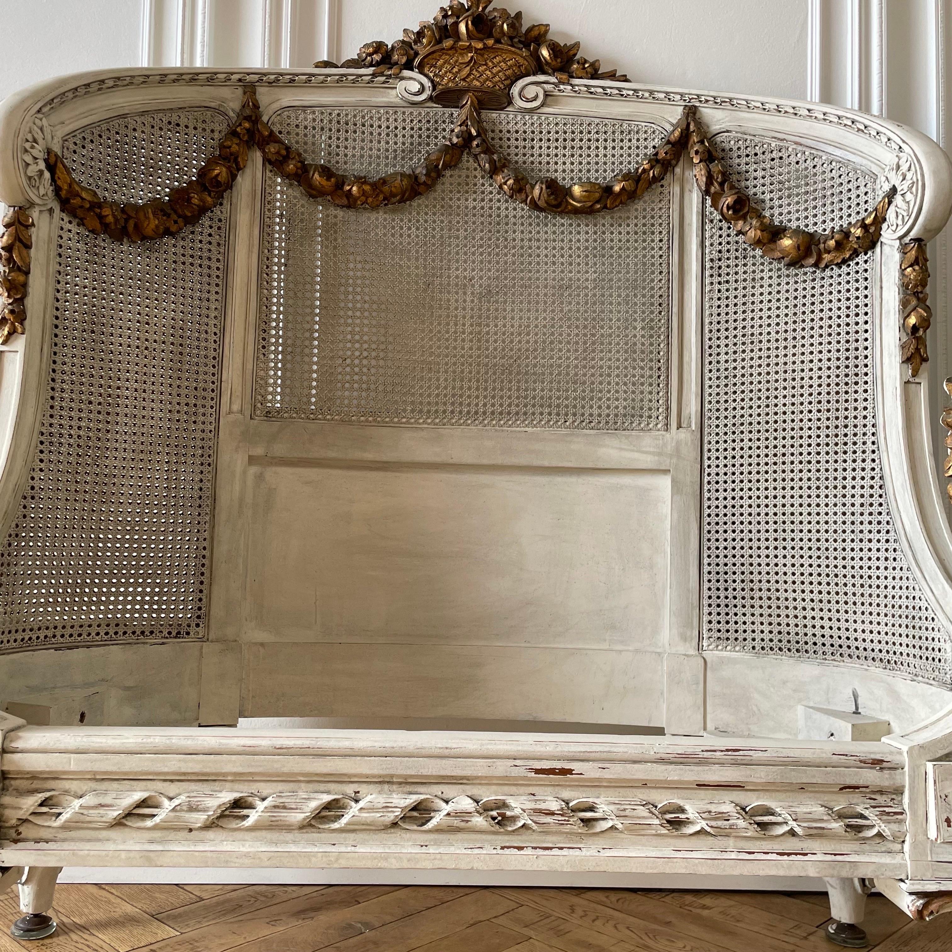 French Roses Gilt and Painted Pair of Twin Size Beds with Cane 14