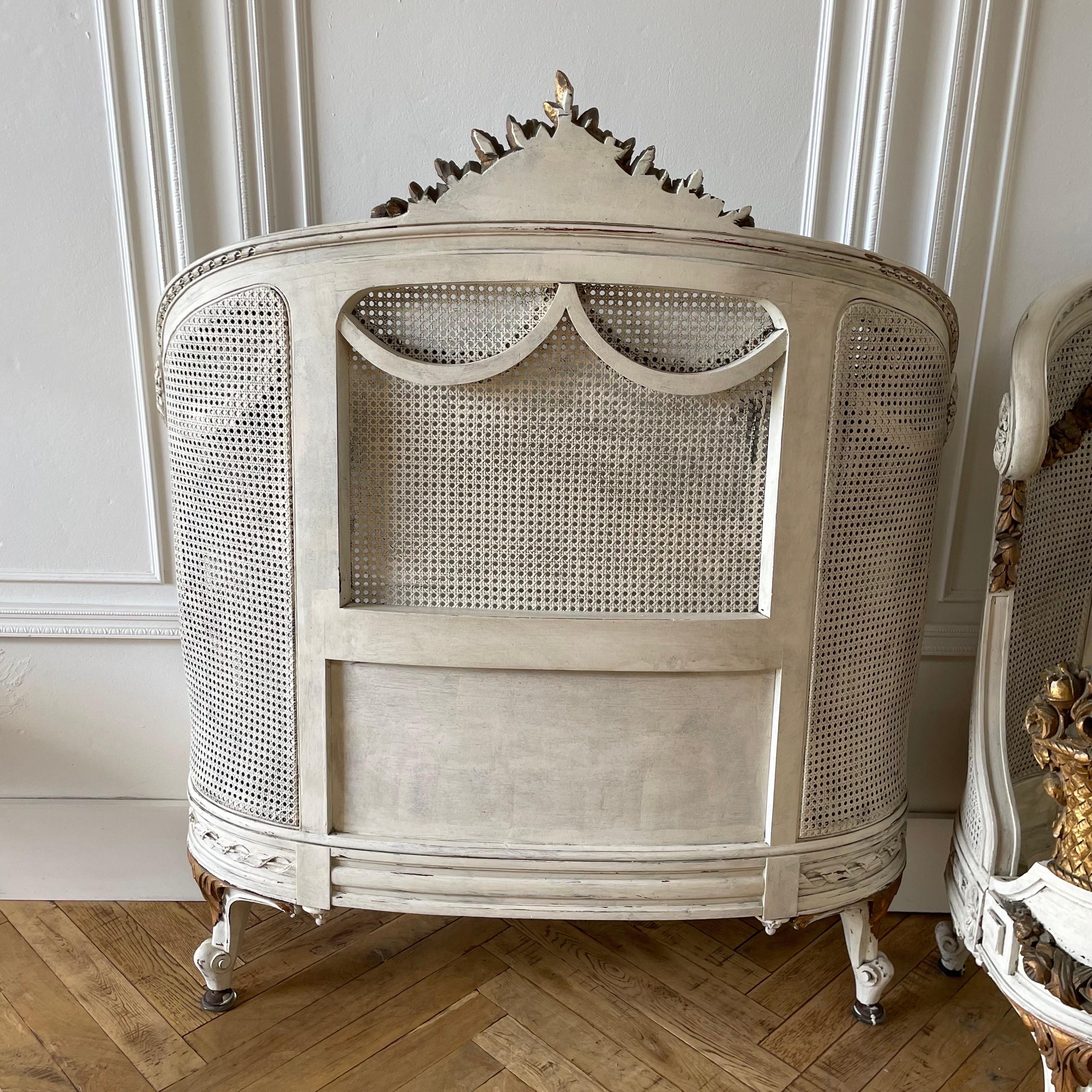 French Roses Gilt and Painted Pair of Twin Size Beds with Cane 15