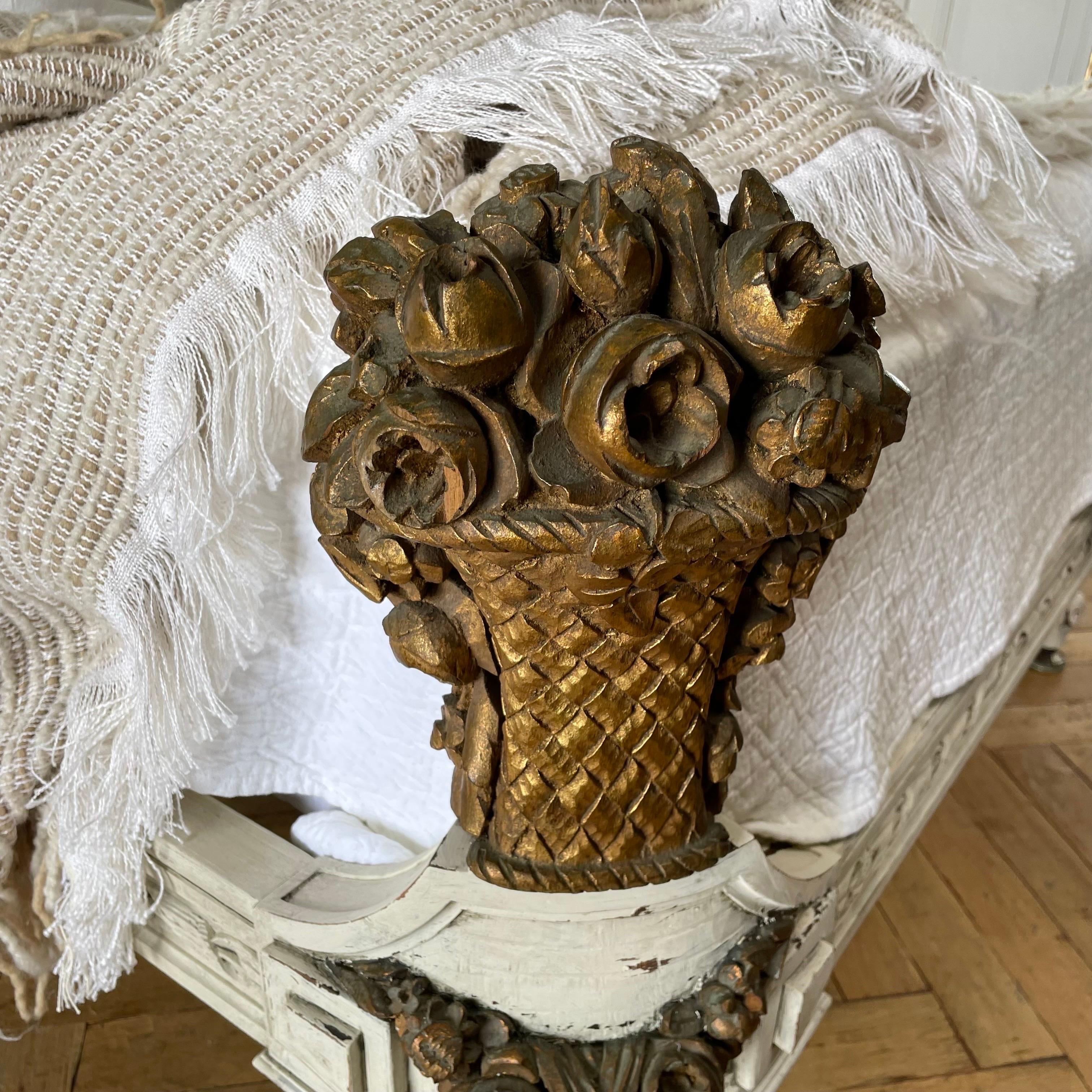 French Roses Gilt and Painted Pair of Twin Size Beds with Cane 2