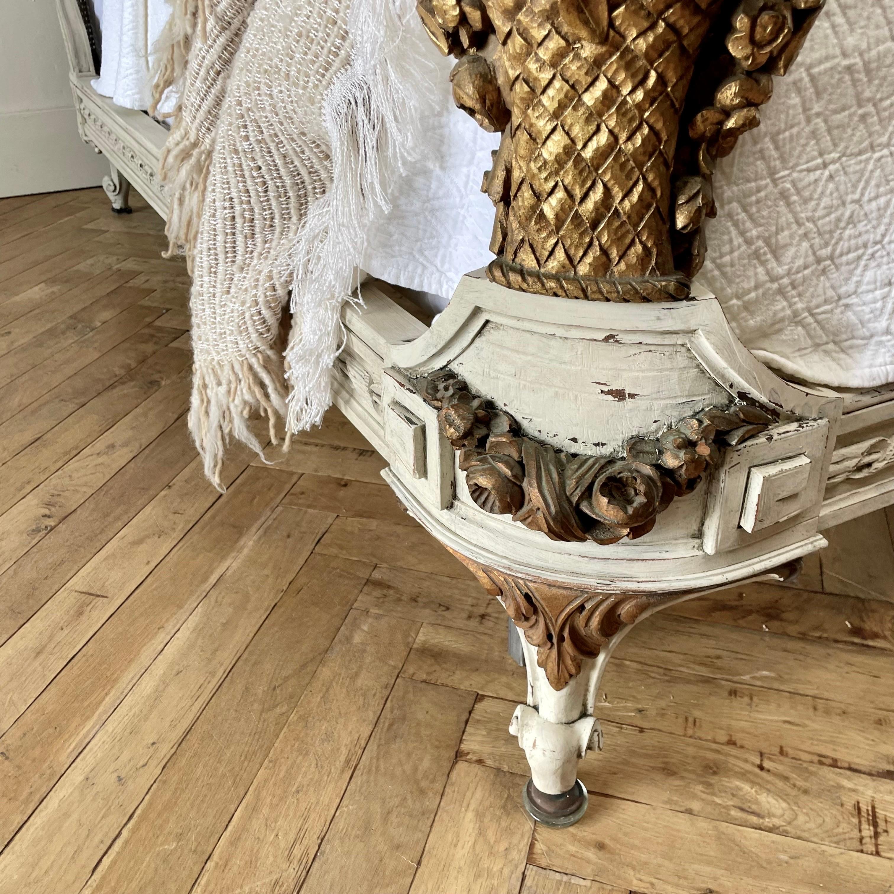French Roses Gilt and Painted Pair of Twin Size Beds with Cane 3