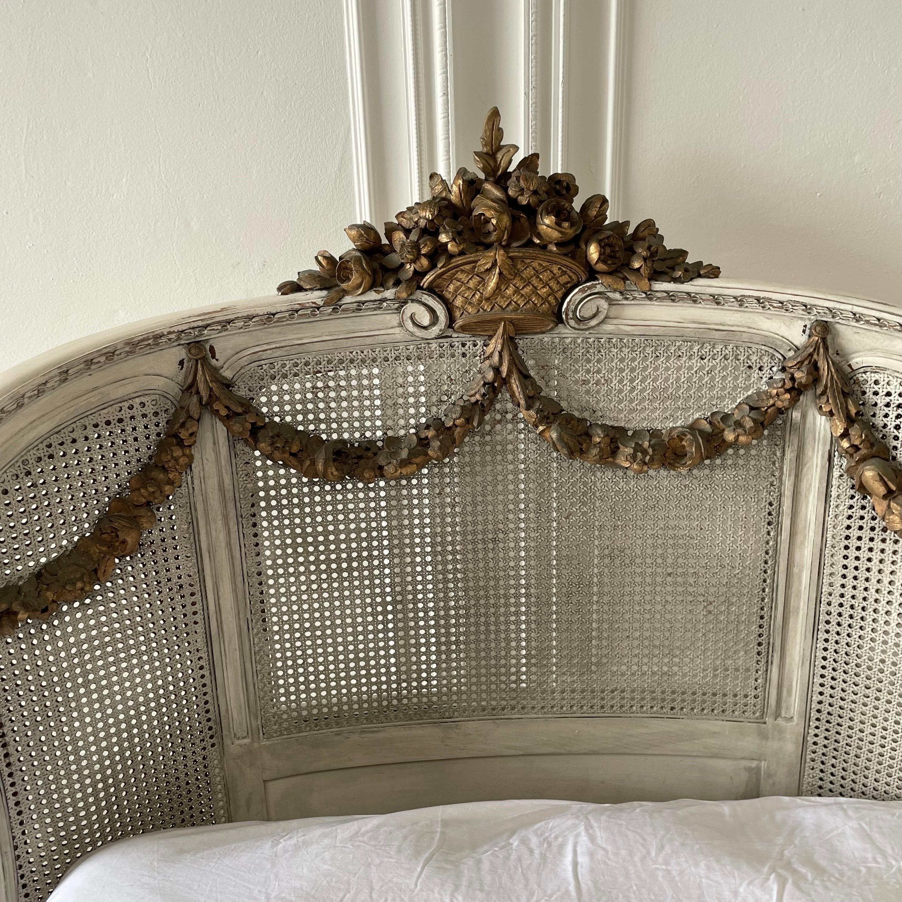 French Roses Gilt and Painted Pair of Twin Size Beds with Cane 4