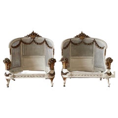 Antique French Roses Gilt and Painted Pair of Twin Size Beds with Cane