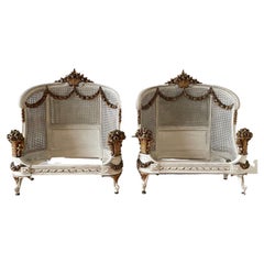 French Roses Gilt and Painted Pair of Twin Size Beds with Cane