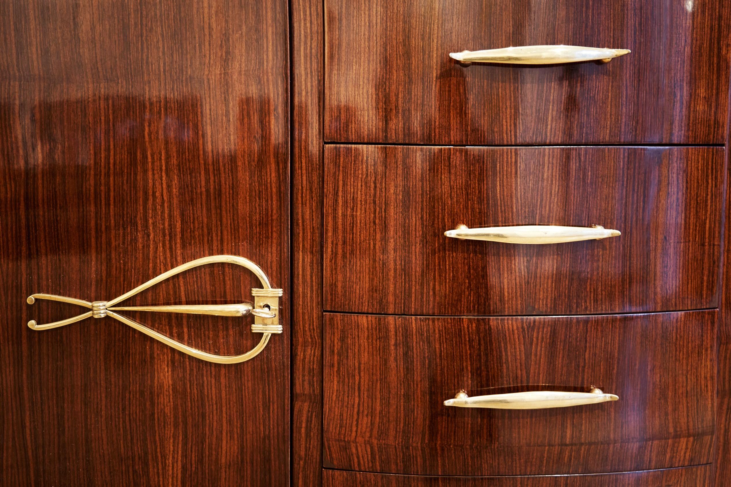 Veneer French Rosewood '50s Sideboard, 4 Drawers and 2 Doors, Golden Brass Handles