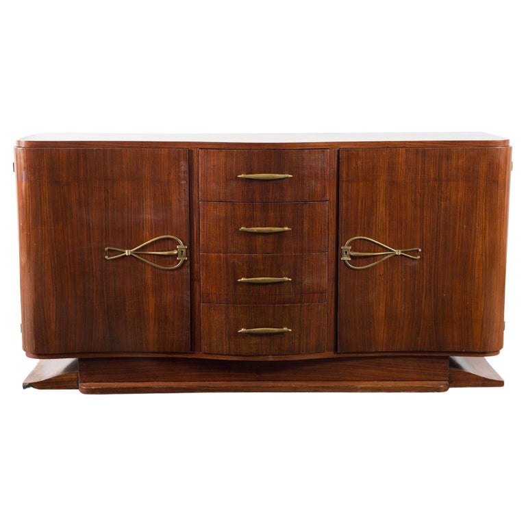 French Rosewood '50s Sideboard, 4 Drawers and 2 Doors, Golden Brass Handles  For Sale at 1stDibs