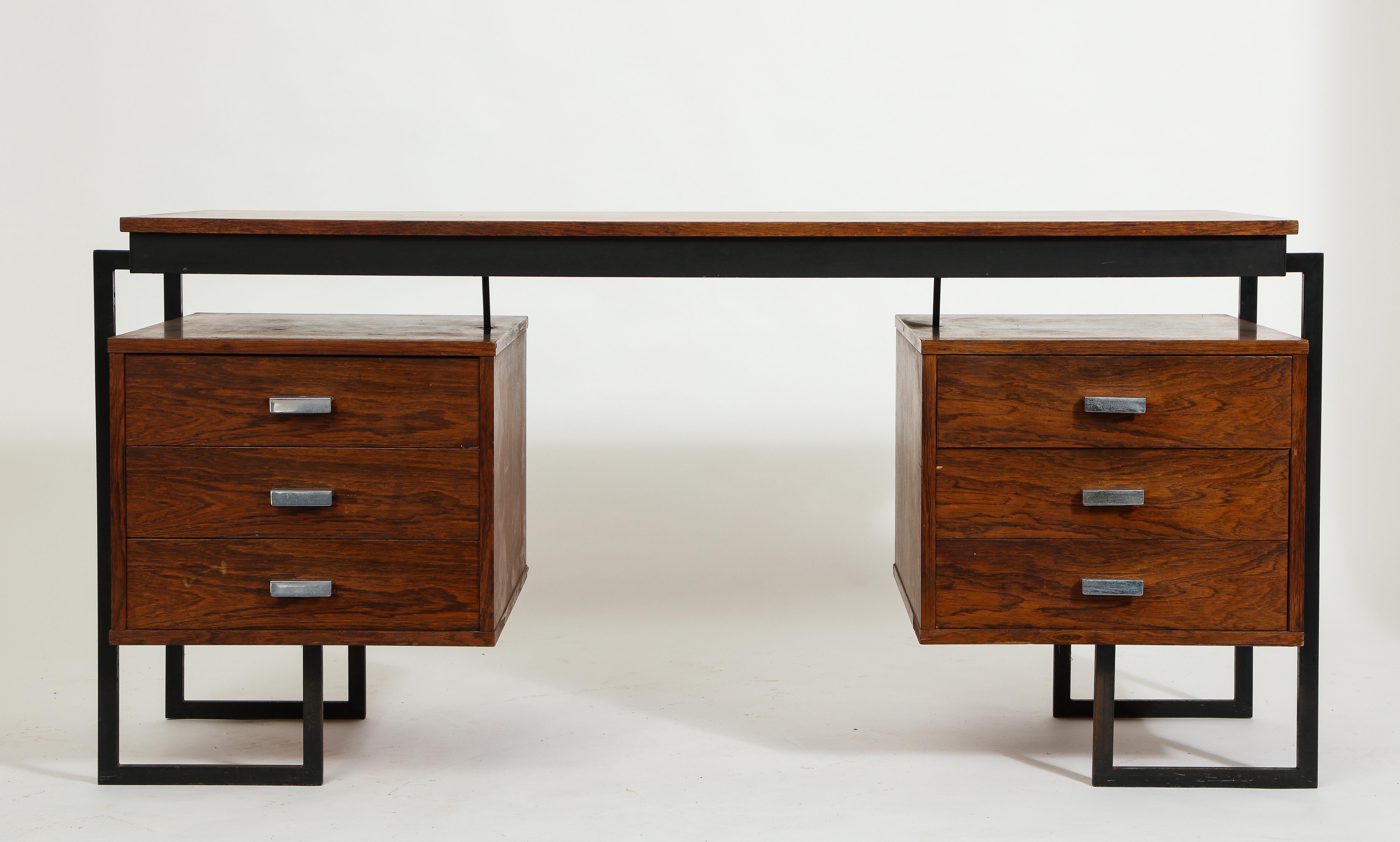 Mid-Century Modern French Rosewood and Black Metal Desk, 1960s